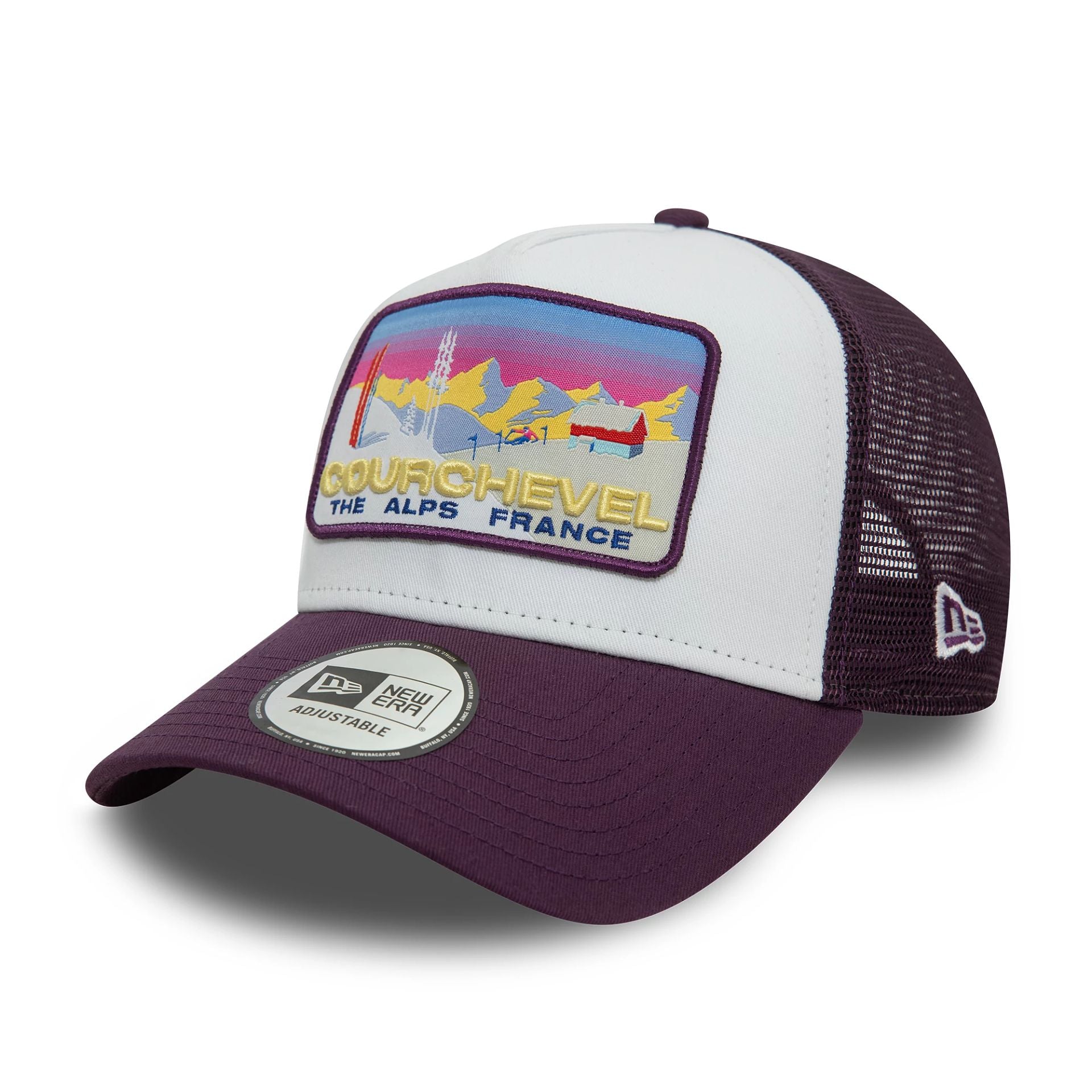 This is a  New Era Courchevel Ski Patch Dark Purple 9FORTY A-Frame Trucker Cap 1