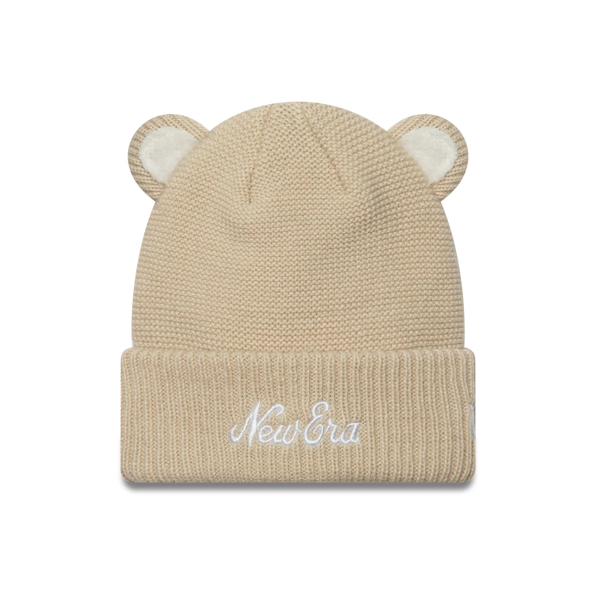 This is a Child New Era Teddy Bear Ears Cream Cuff Knit Beanie Hat 1