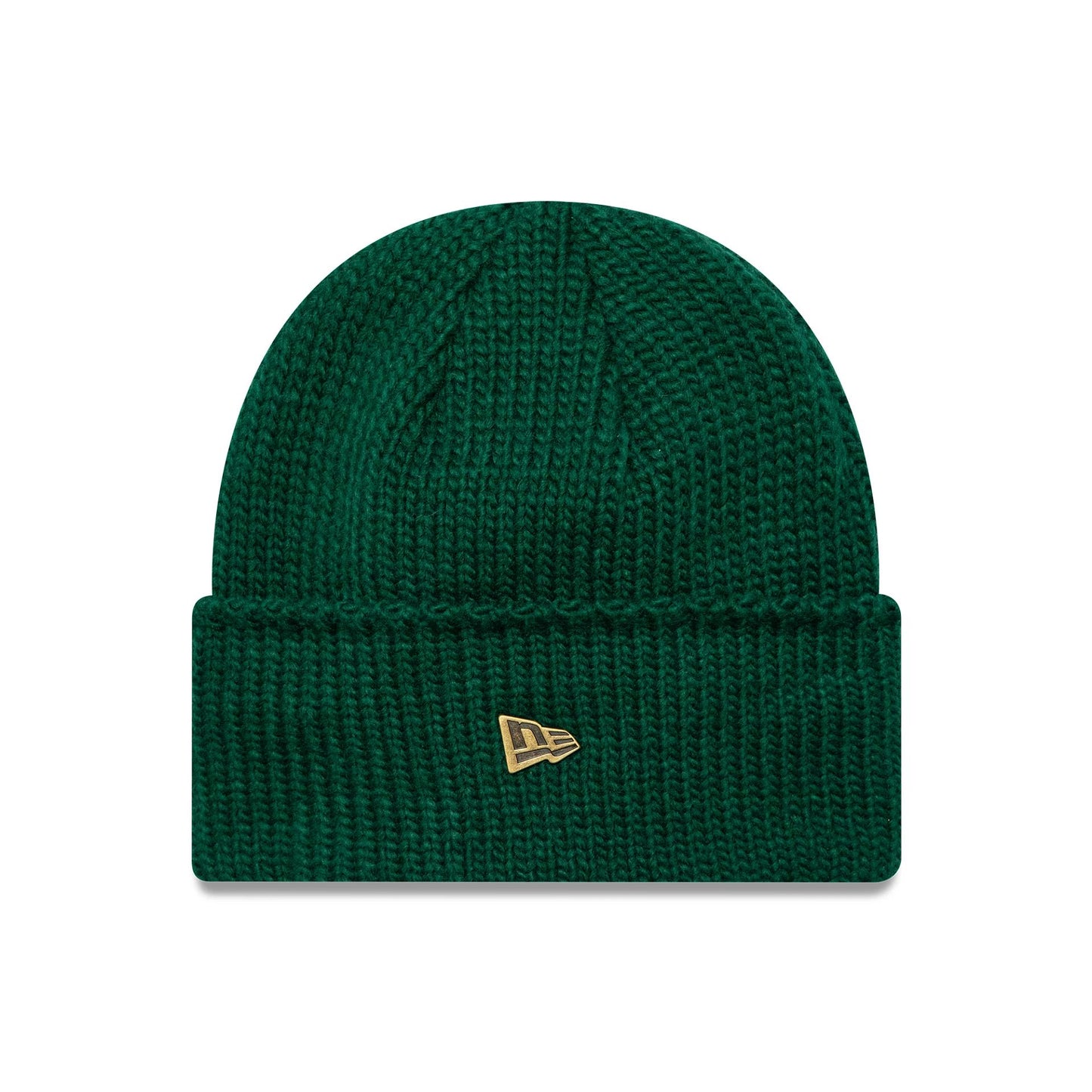 This is a  New Era Metal Pin Dark Green Wide Cuff Knit Beanie Hat 1