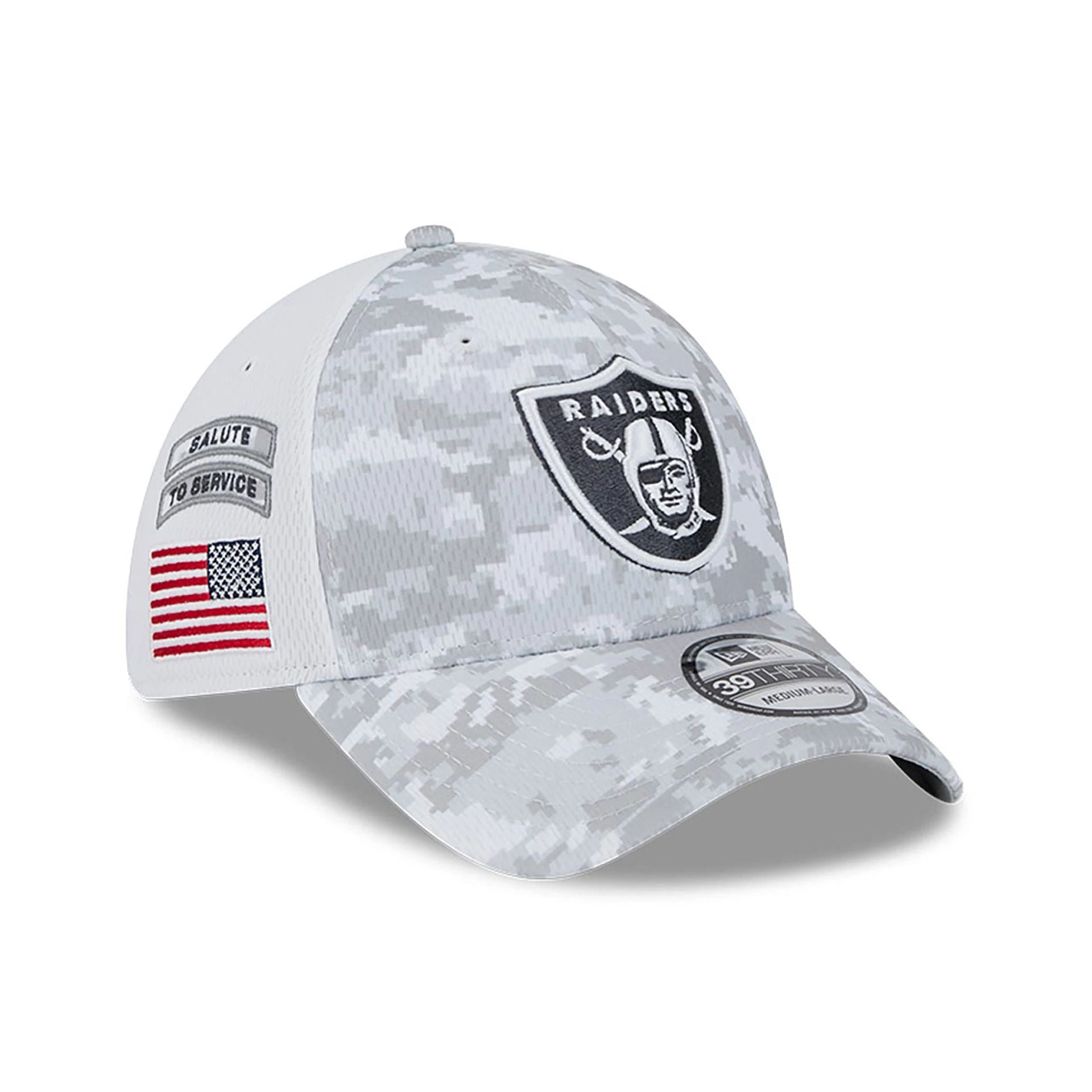 This is a Las Vegas Raiders NFL Salute To Service 2024 White 39THIRTY Stretch Fit Cap 1