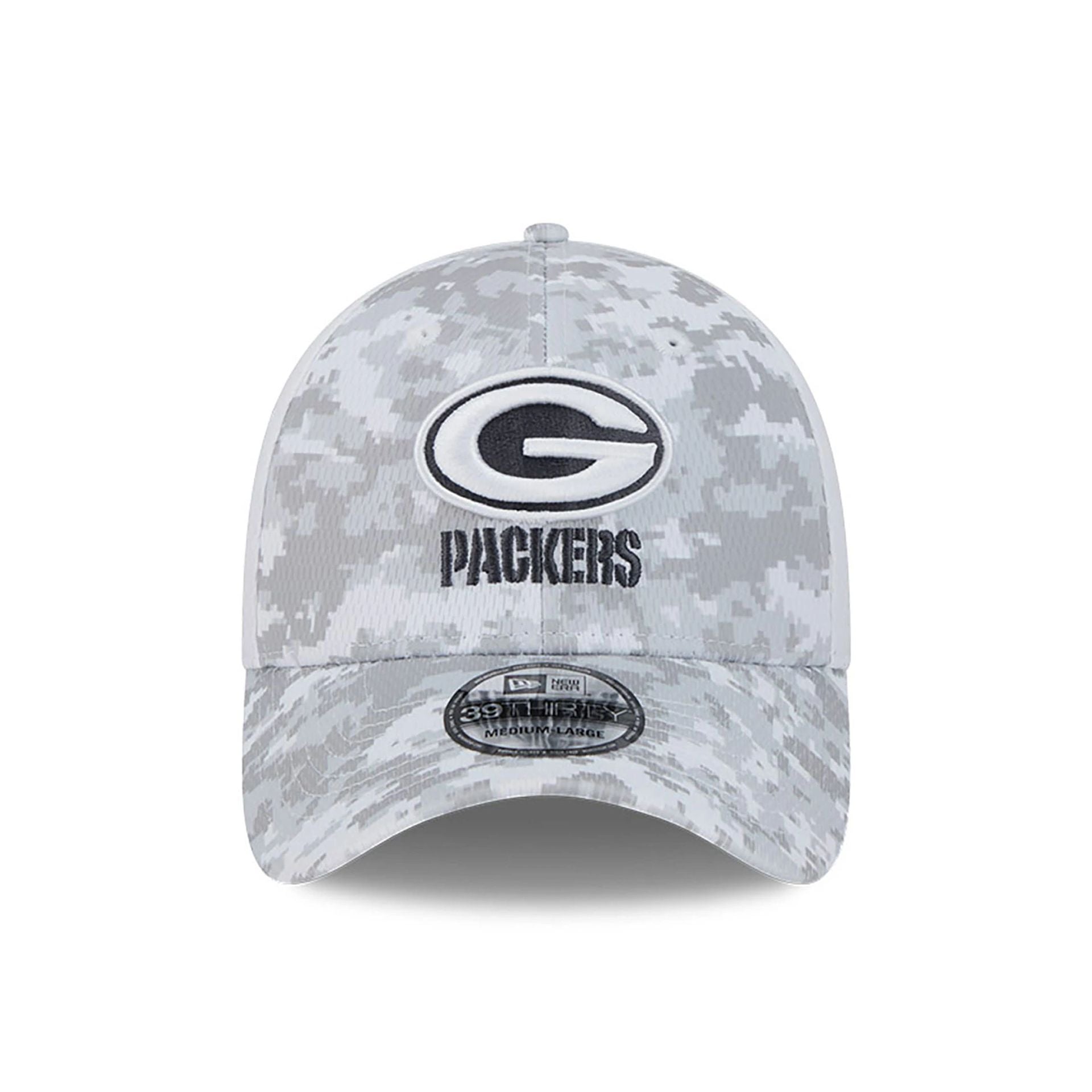 This is a Green Bay Packers NFL Salute To Service 2024 White 39THIRTY Stretch Fit Cap 2