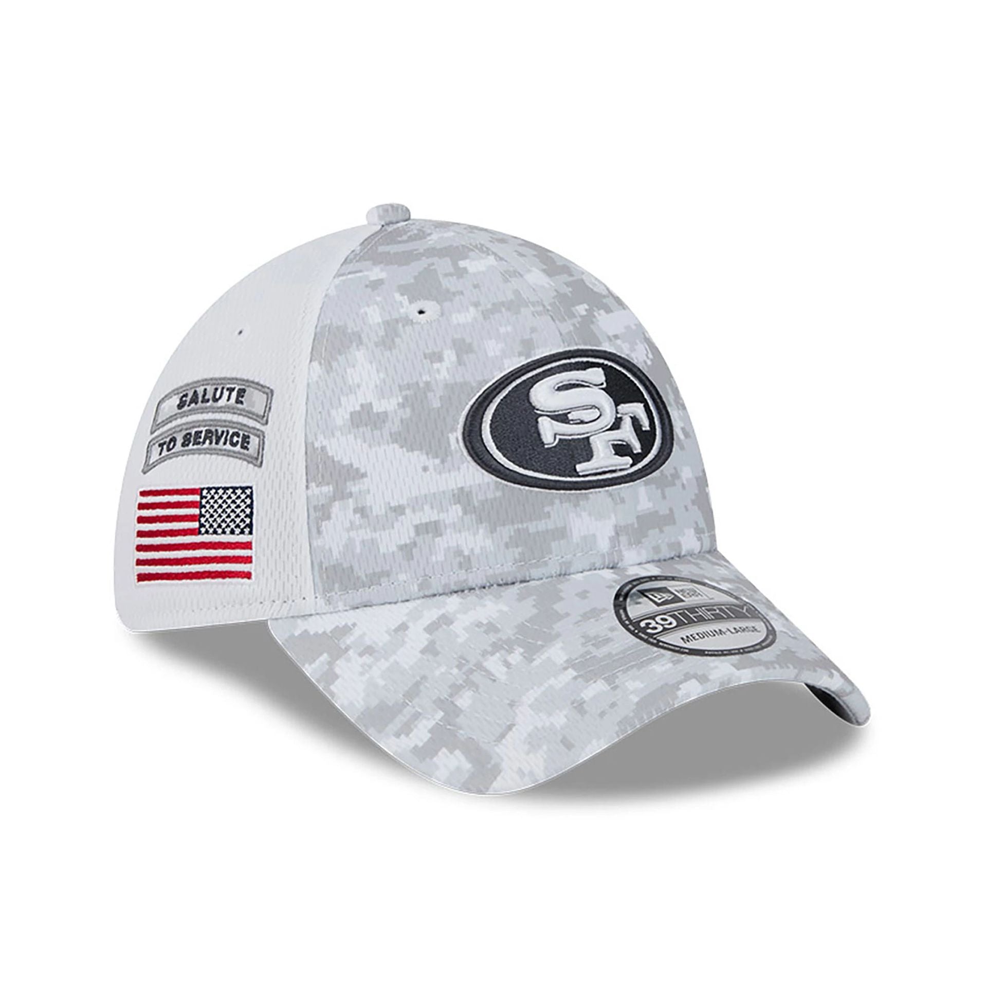 This is a San Francisco 49ers NFL Salute To Service 2024 White 39THIRTY Stretch Fit Cap 1