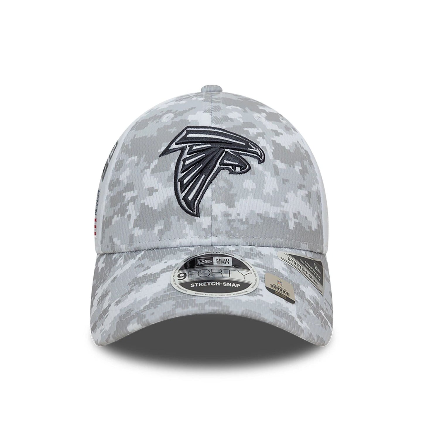 This is a Atlanta Falcons NFL Salute To Service 2024 White 9FORTY Stretch Snap Adjustable Cap 3