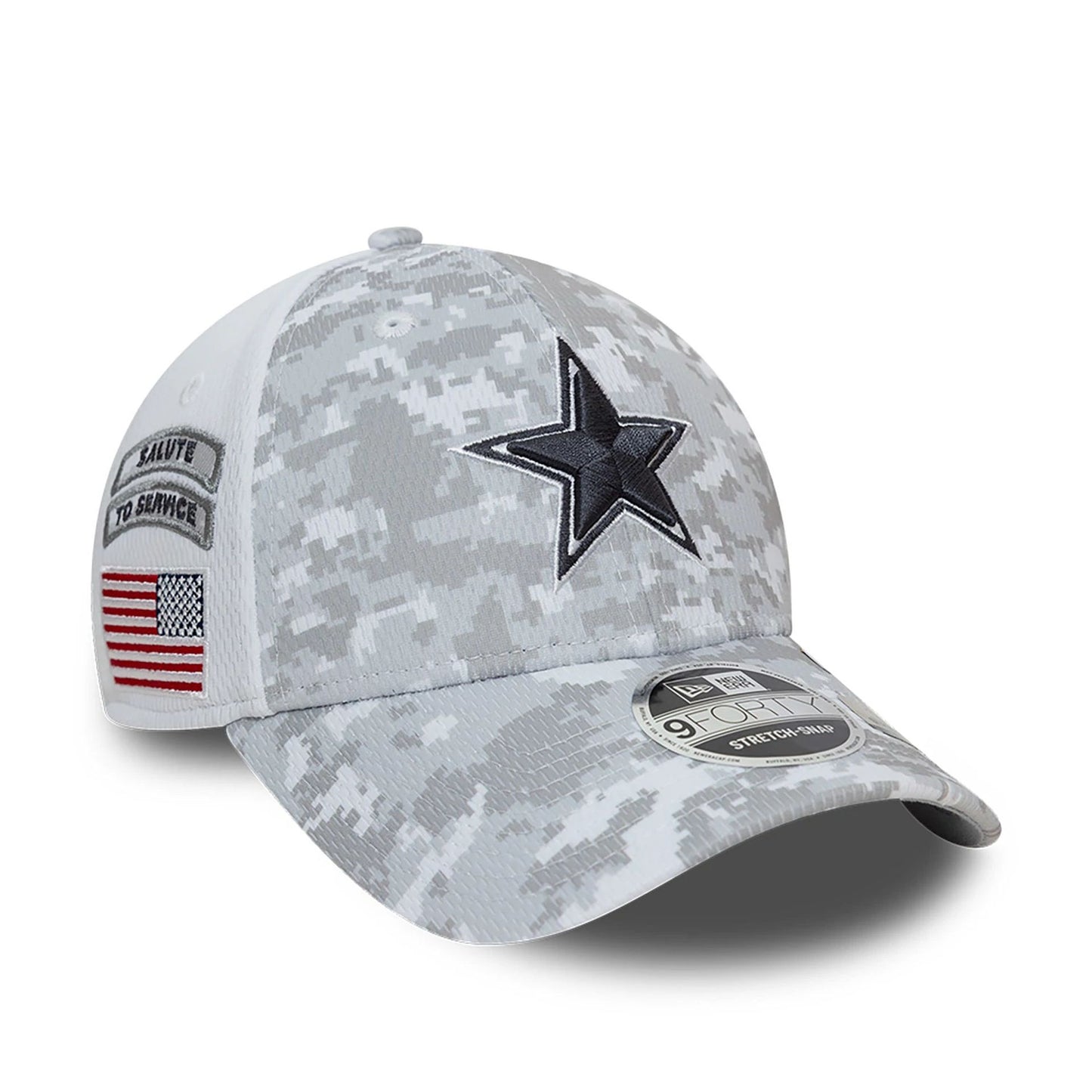 This is a Dallas Cowboys NFL Salute To Service 2024 White 9FORTY Stretch Snap Adjustable Cap 1