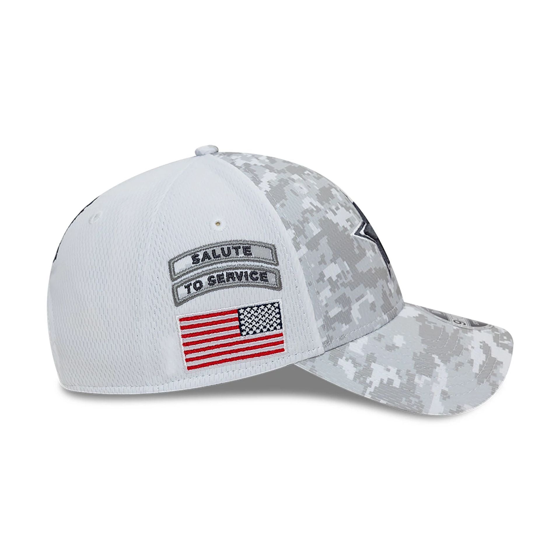 This is a Dallas Cowboys NFL Salute To Service 2024 White 9FORTY Stretch Snap Adjustable Cap 6