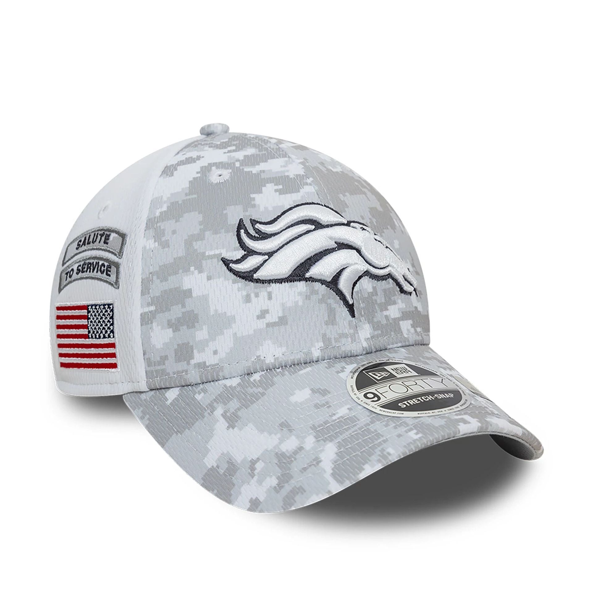 This is a Denver Broncos NFL Salute To Service 2024 White 9FORTY Stretch Snap Adjustable Cap 1