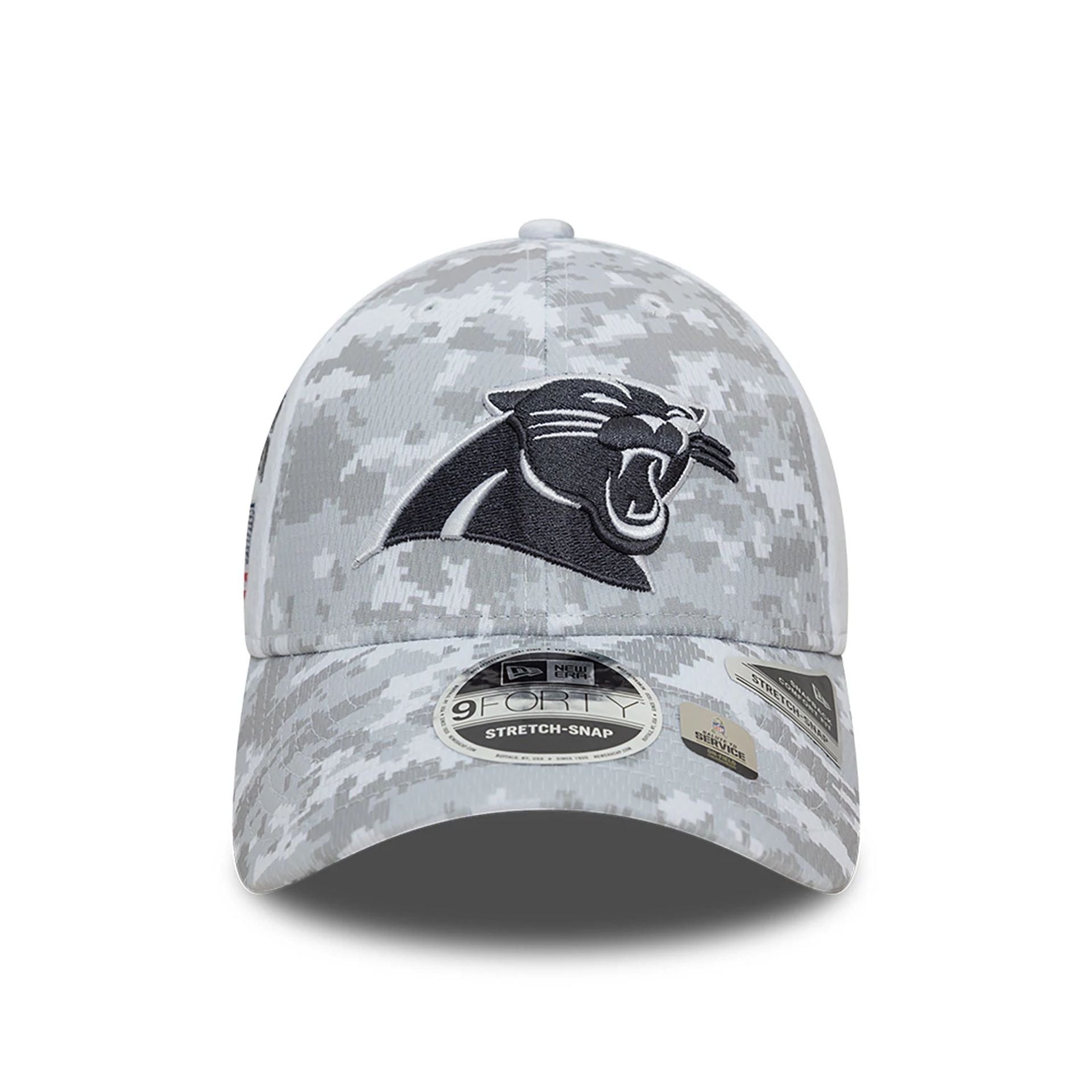 This is a Carolina Panthers NFL Salute To Service 2024 White 9FORTY Stretch Snap Adjustable Cap 3