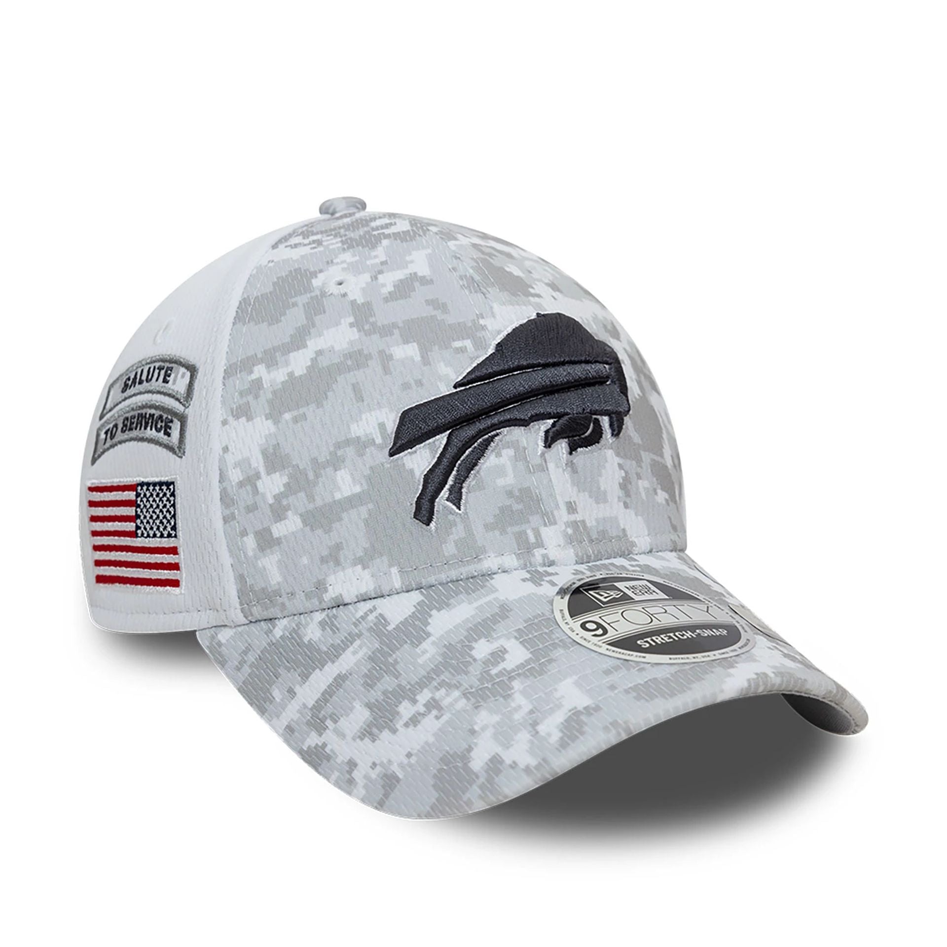 This is a Buffalo Bills NFL Salute To Service 2024 White 9FORTY Stretch Snap Adjustable Cap 1