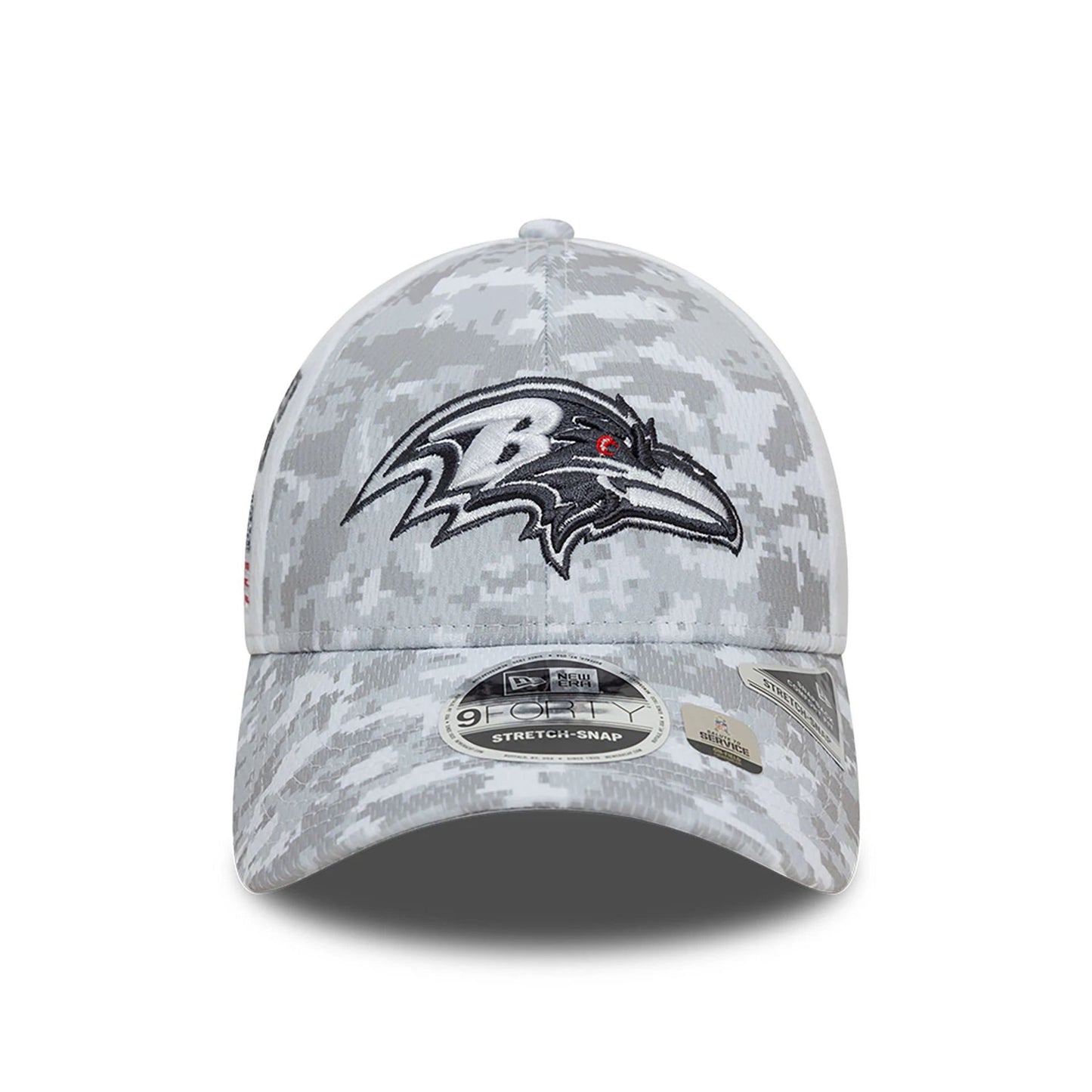 This is a Baltimore Ravens NFL Salute To Service 2024 White 9FORTY Stretch Snap Adjustable Cap 3