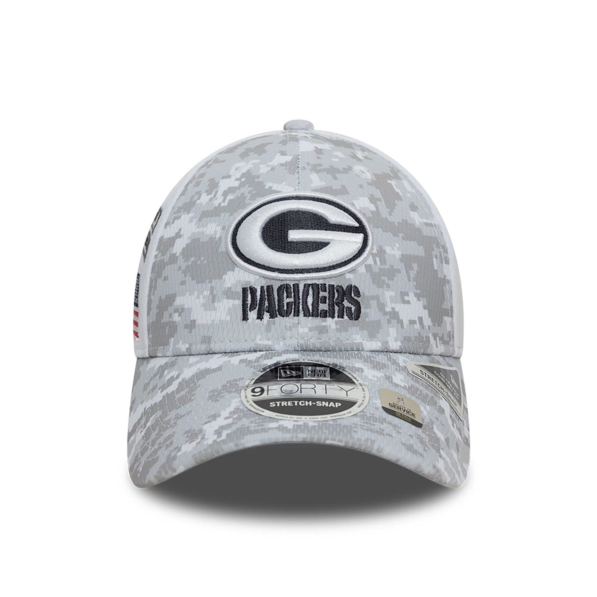 This is a Green Bay Packers NFL Salute To Service 2024 White 9FORTY Stretch Snap Adjustable Cap 3