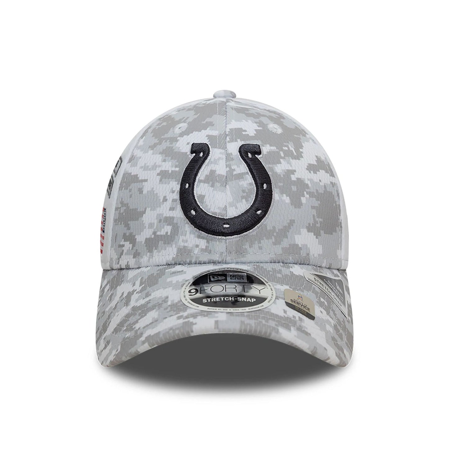 This is a Indianapolis Colts NFL Salute To Service 2024 White 9FORTY Stretch Snap Adjustable Cap 3