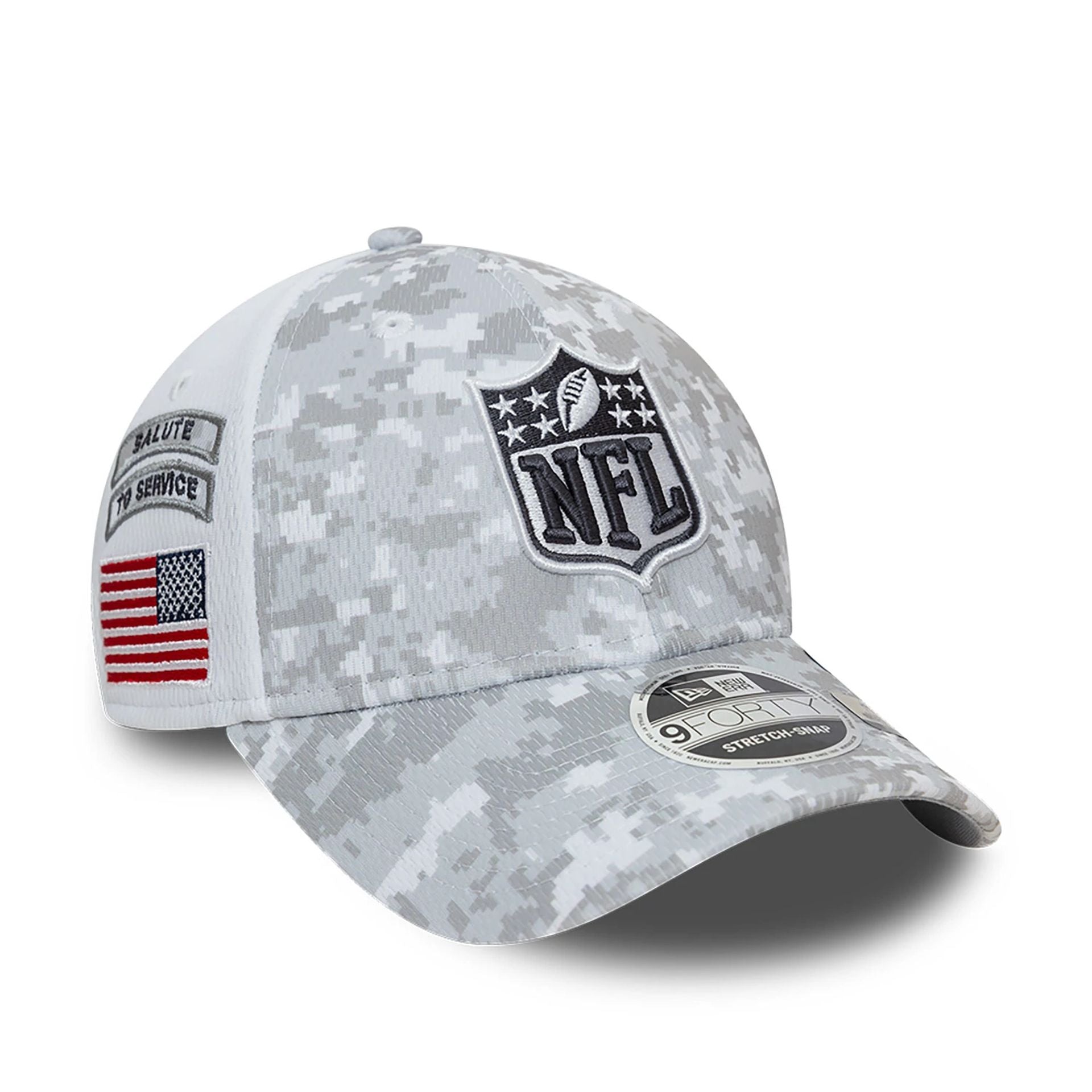 This is a NFL Official Logo NFL Salute To Service 2024 White 9FORTY Stretch Snap Adjustable Cap 1