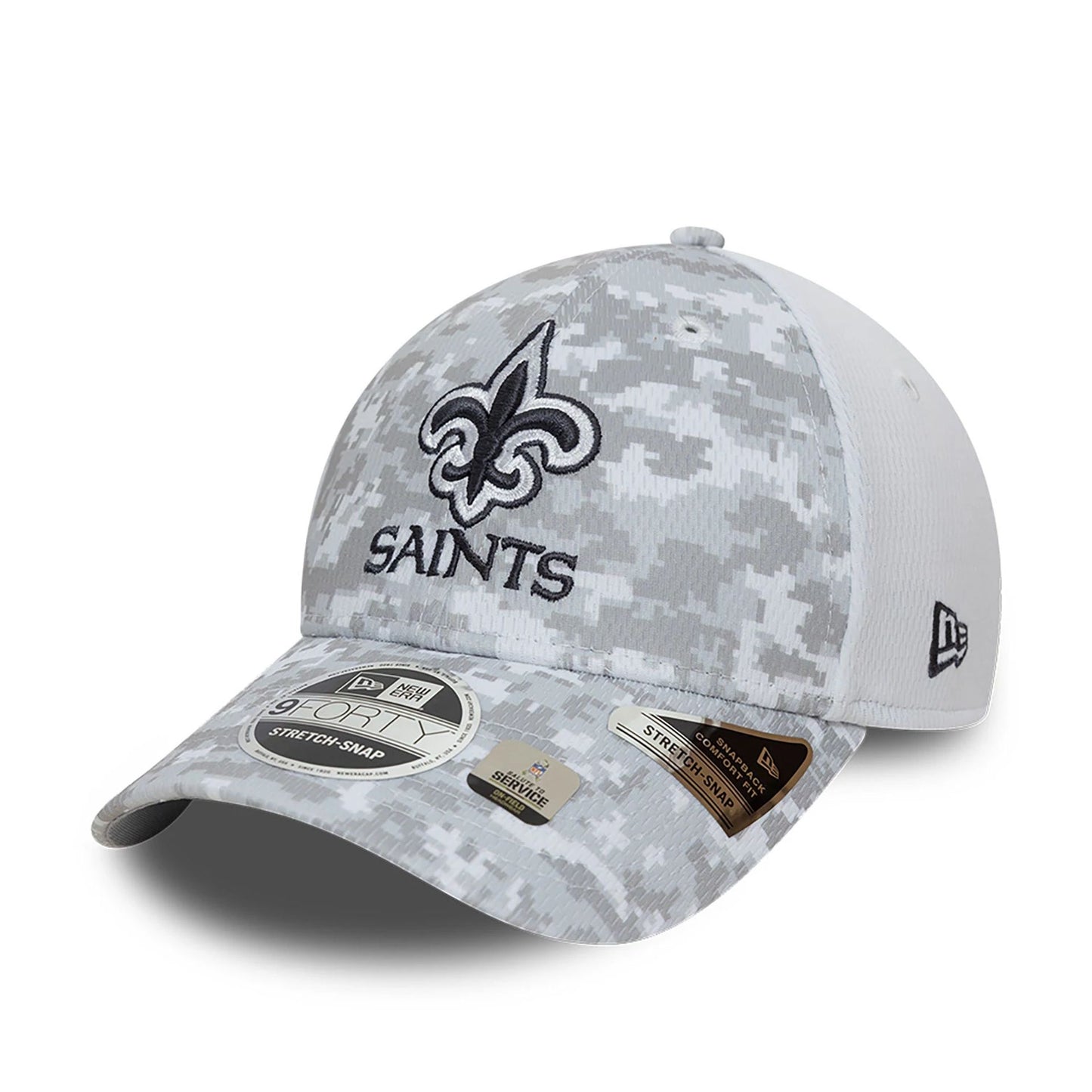 This is a New Orleans Saints NFL Salute To Service 2024 White 9FORTY Stretch Snap Adjustable Cap 4