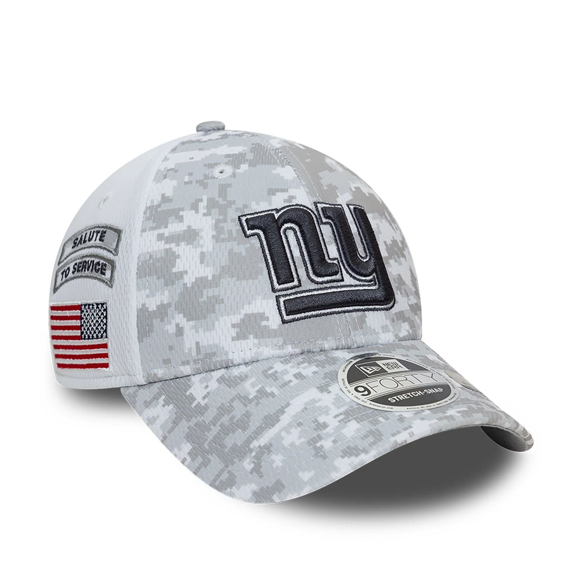 This is a New York Giants NFL Salute To Service 2024 White 9FORTY Stretch Snap Adjustable Cap 1