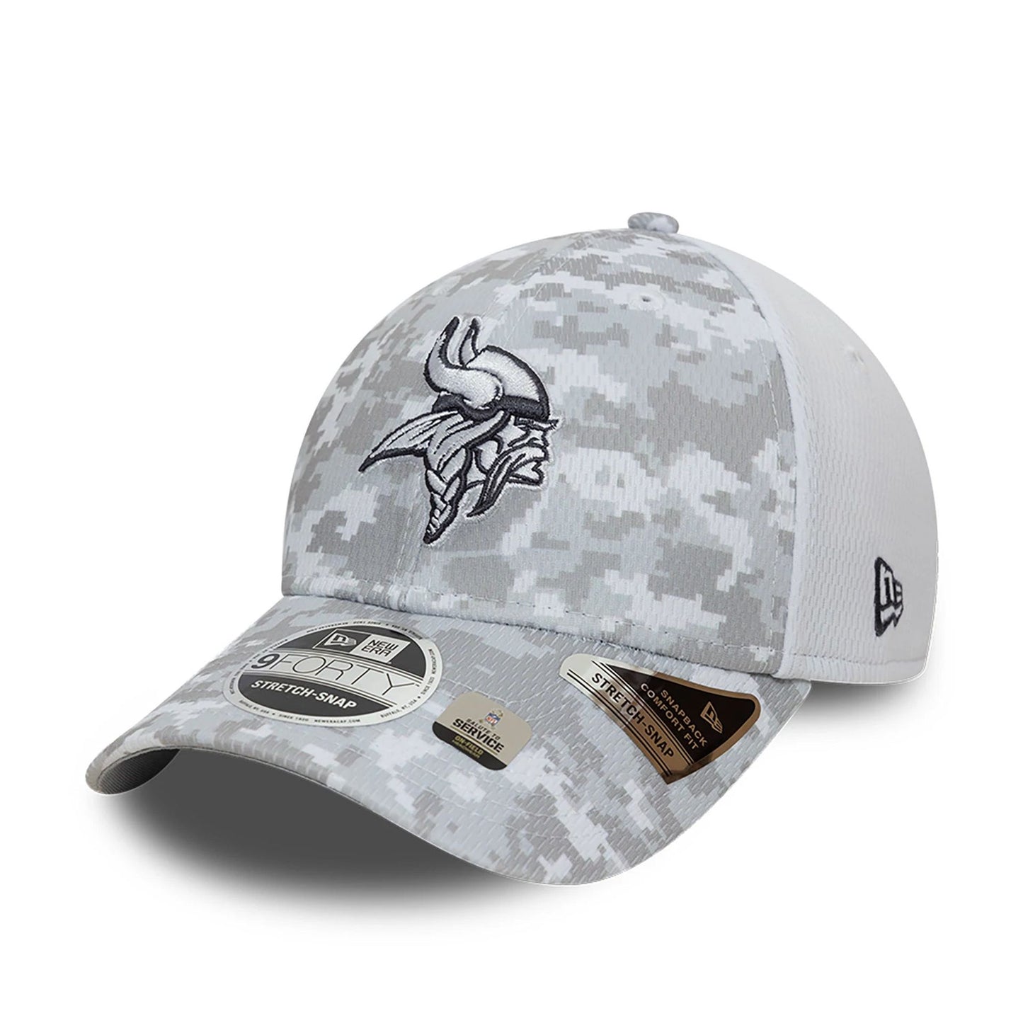 This is a Minnesota Vikings NFL Salute To Service 2024 White 9FORTY Stretch Snap Adjustable Cap 4