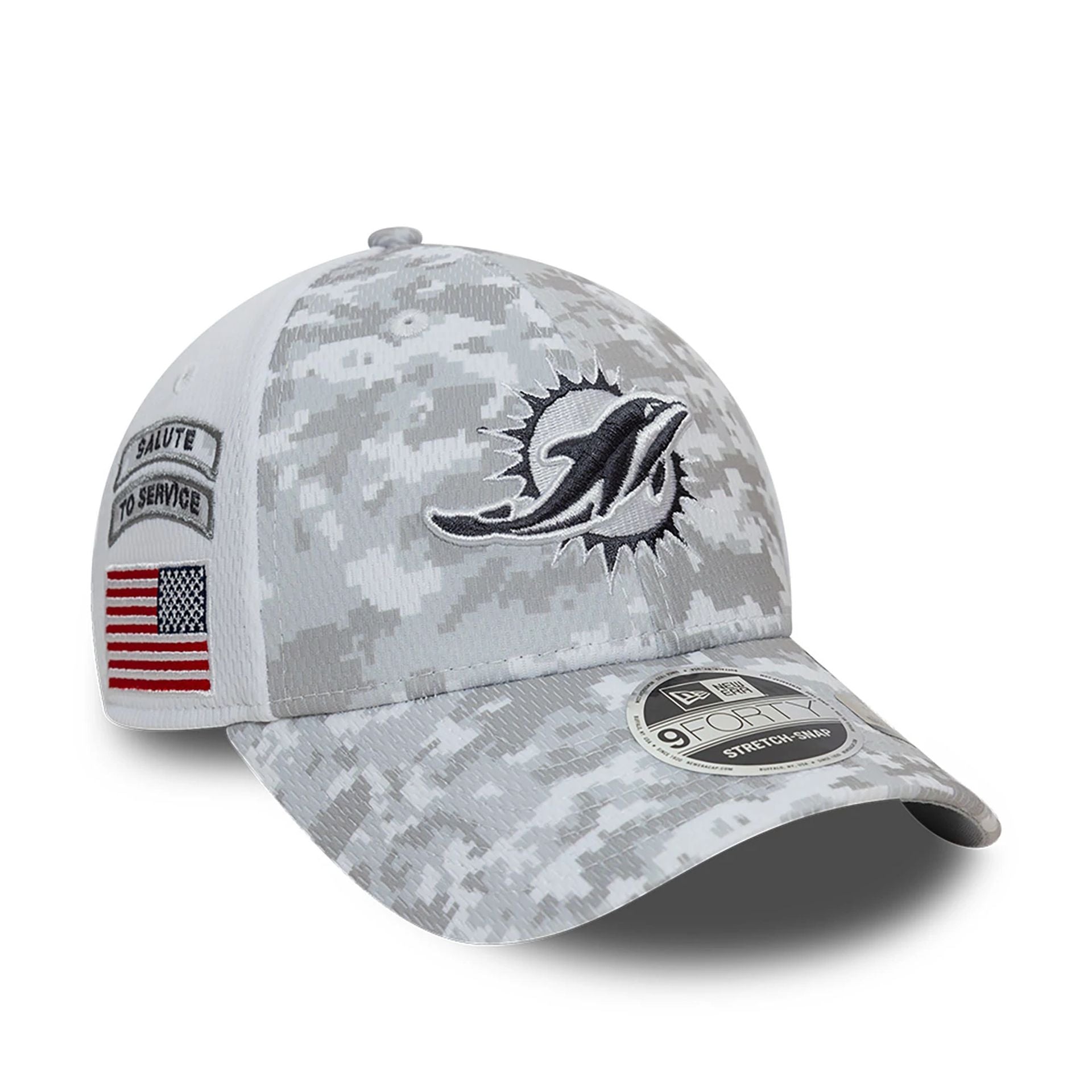 This is a Miami Dolphins NFL Salute To Service 2024 White 9FORTY Stretch Snap Adjustable Cap 1