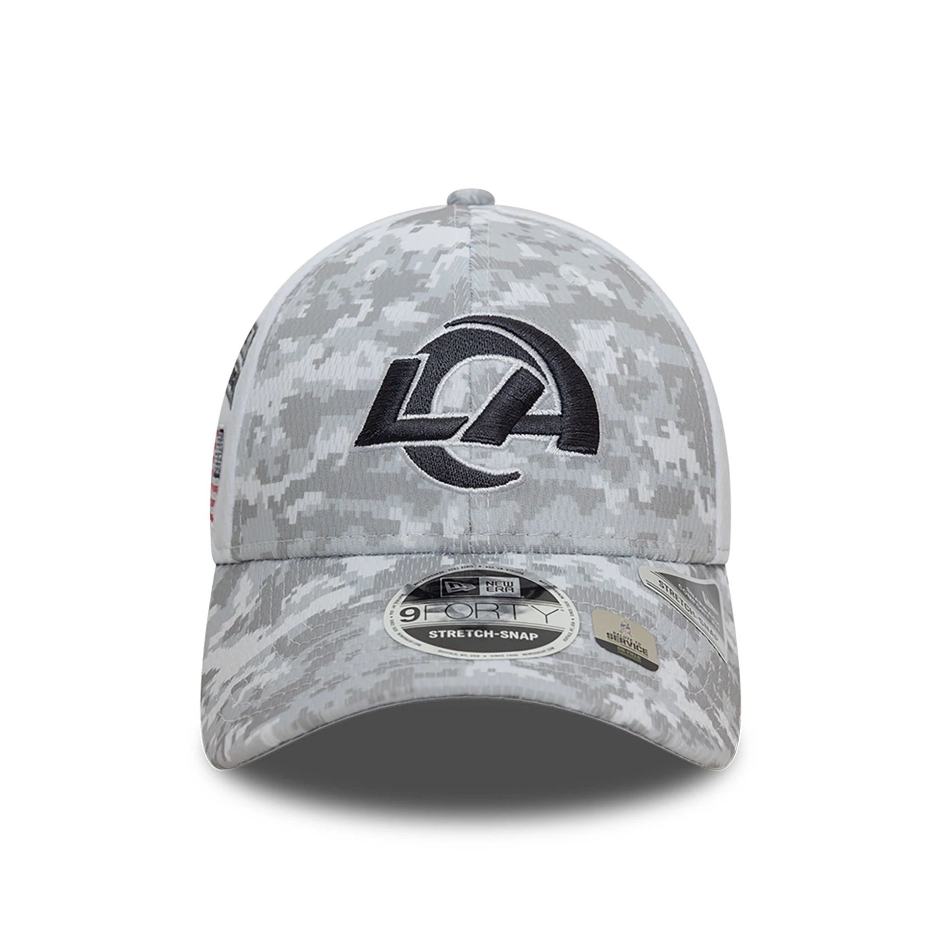 This is a LA Rams NFL Salute To Service 2024 White 9FORTY Stretch Snap Adjustable Cap 3