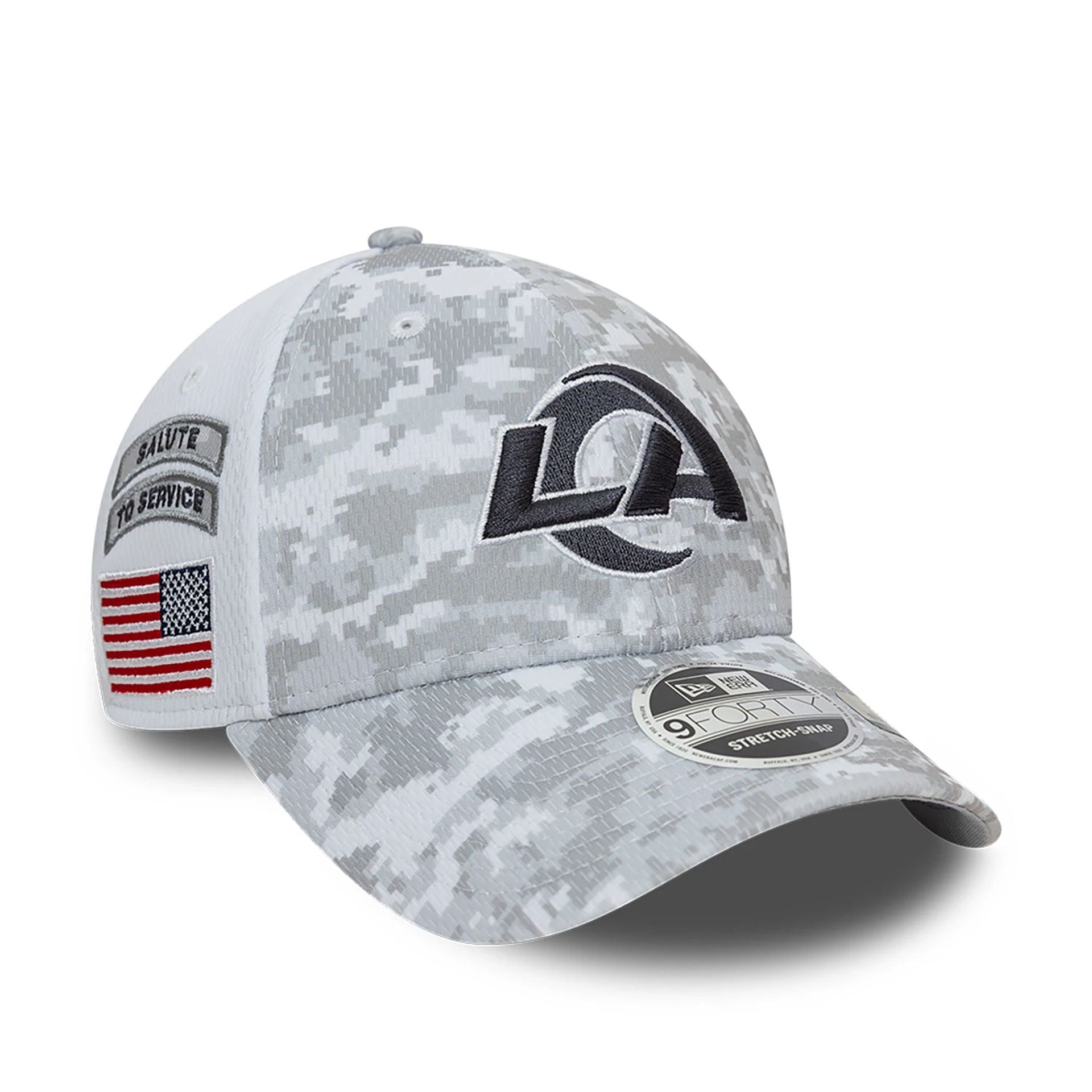 This is a LA Rams NFL Salute To Service 2024 White 9FORTY Stretch Snap Adjustable Cap 1