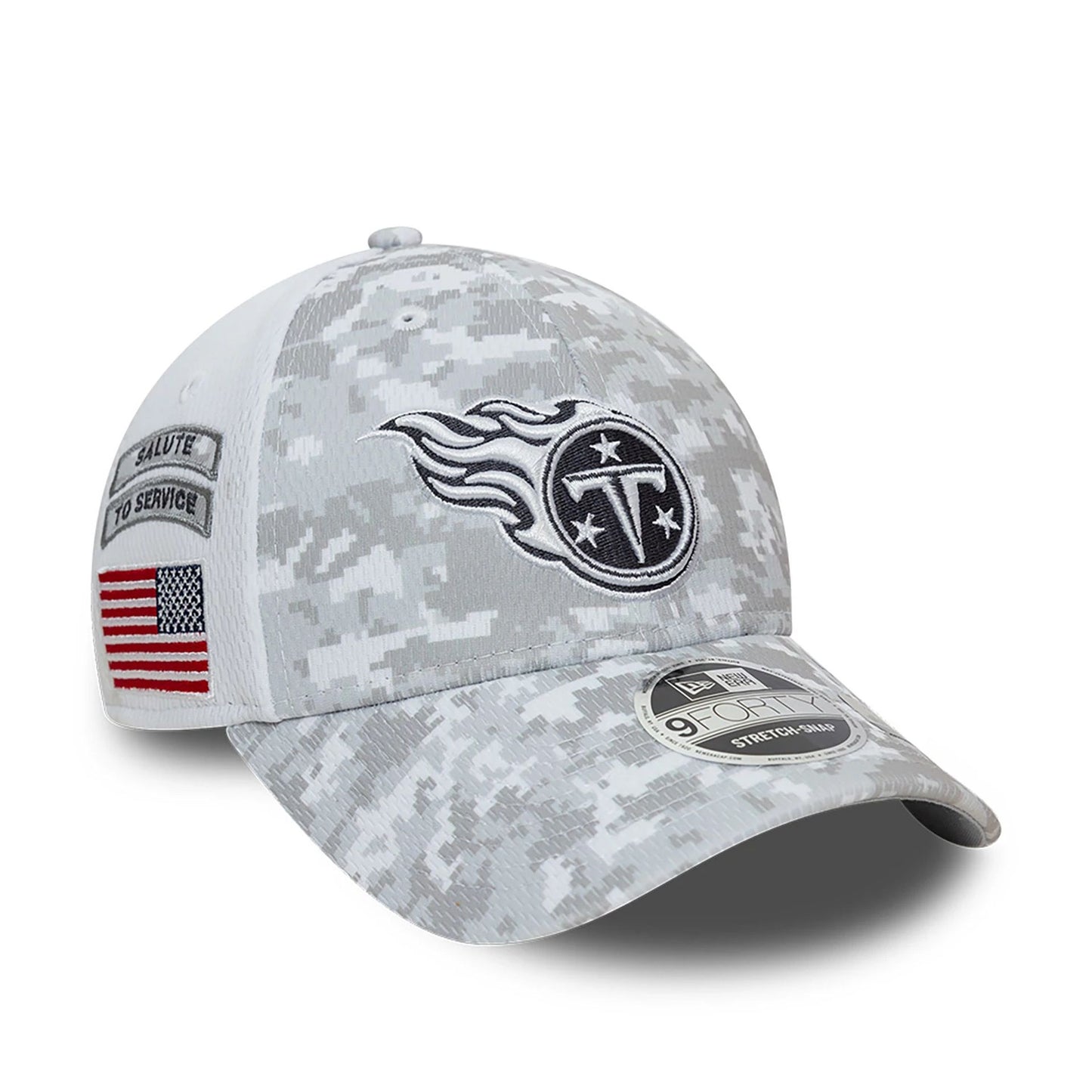 This is a Tennessee Titans NFL Salute To Service 2024 White 9FORTY Stretch Snap Adjustable Cap 1