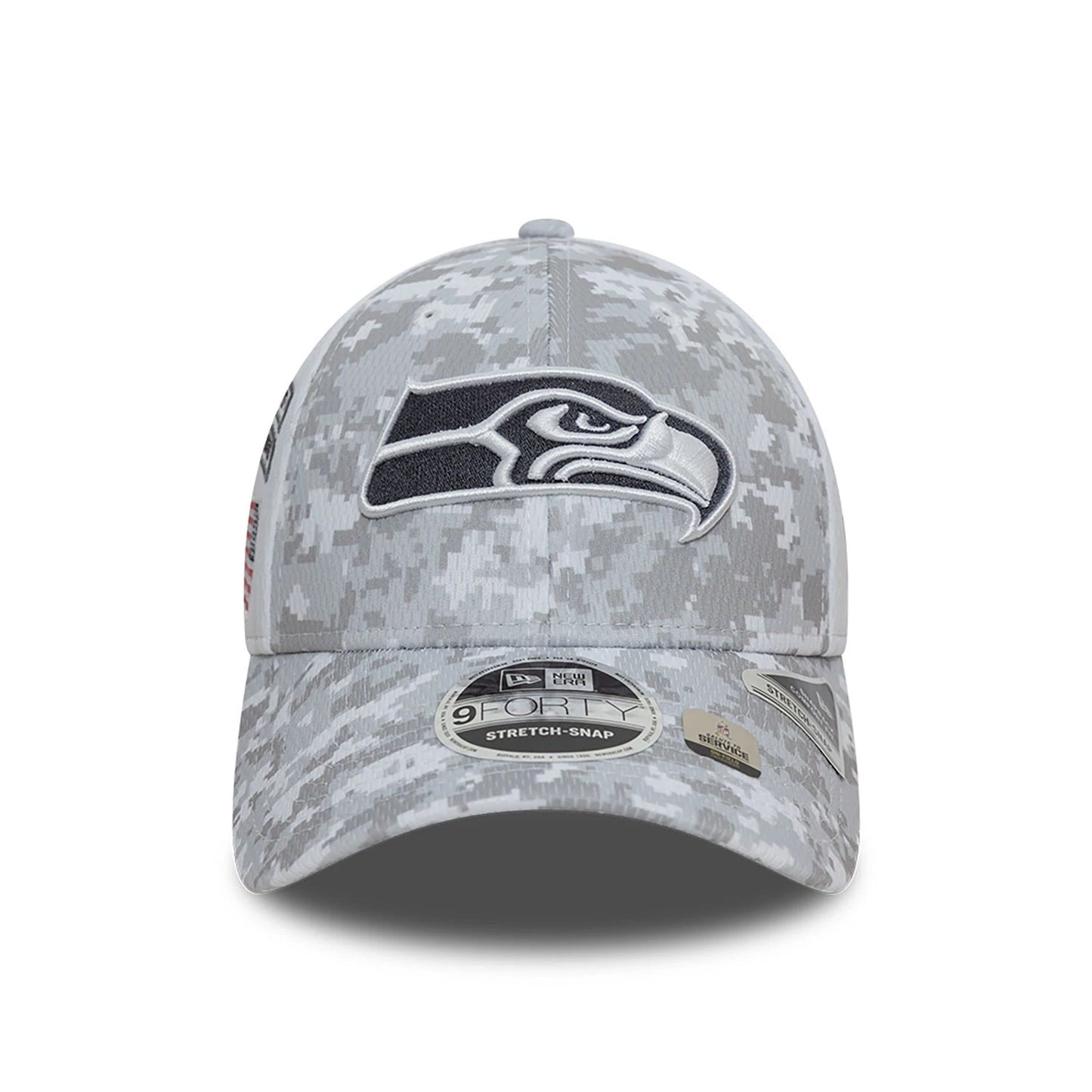 This is a Seattle Seahawks NFL Salute To Service 2024 White 9FORTY Stretch Snap Adjustable Cap 3