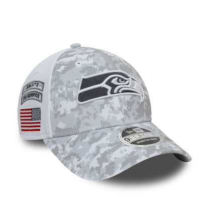 This is a Seattle Seahawks NFL Salute To Service 2024 White 9FORTY Stretch Snap Adjustable Cap 1