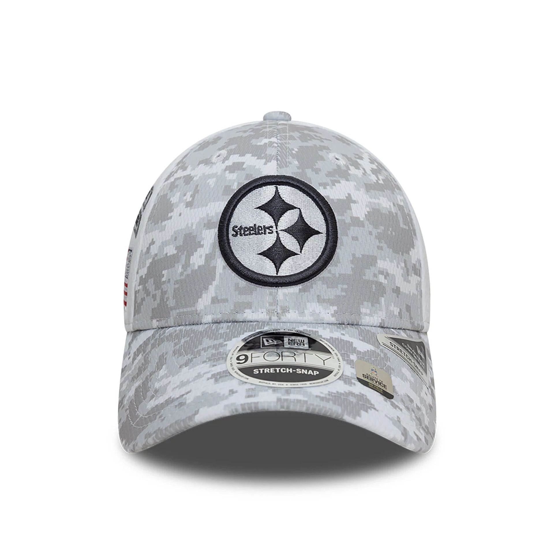 This is a Pittsburgh Steelers NFL Salute To Service 2024 White 9FORTY Stretch Snap Adjustable Cap 3