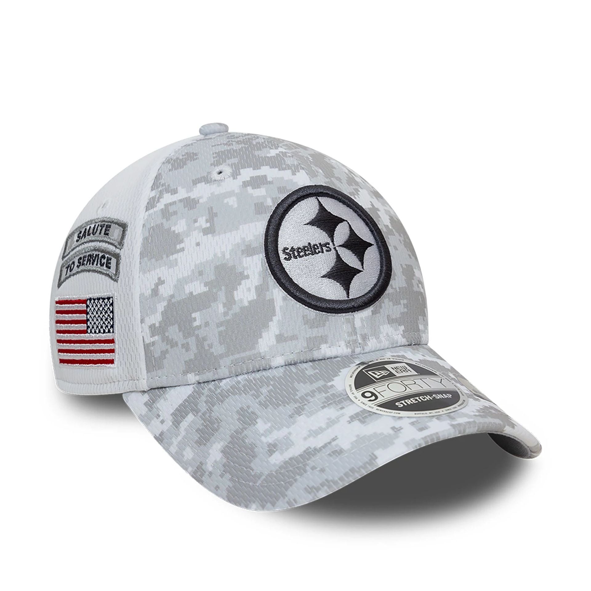 This is a Pittsburgh Steelers NFL Salute To Service 2024 White 9FORTY Stretch Snap Adjustable Cap 1