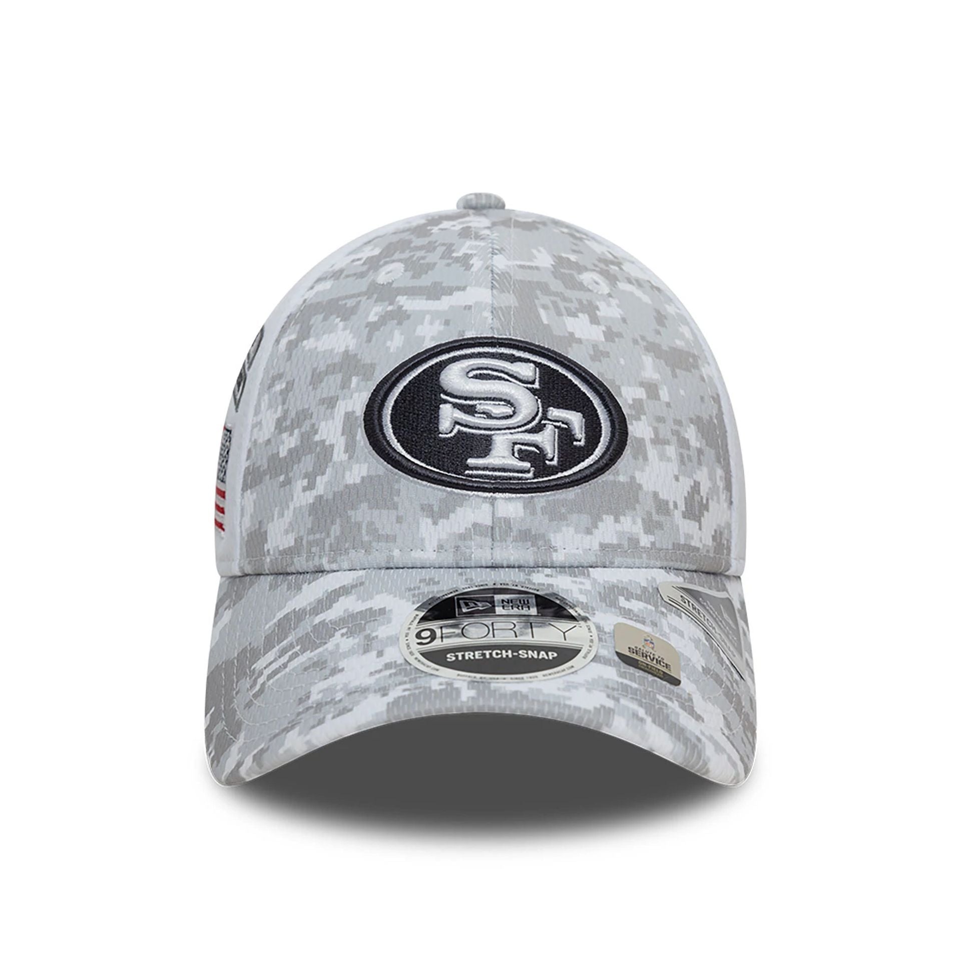 This is a San Francisco 49ers NFL Salute To Service 2024 White 9FORTY Stretch Snap Adjustable Cap 3