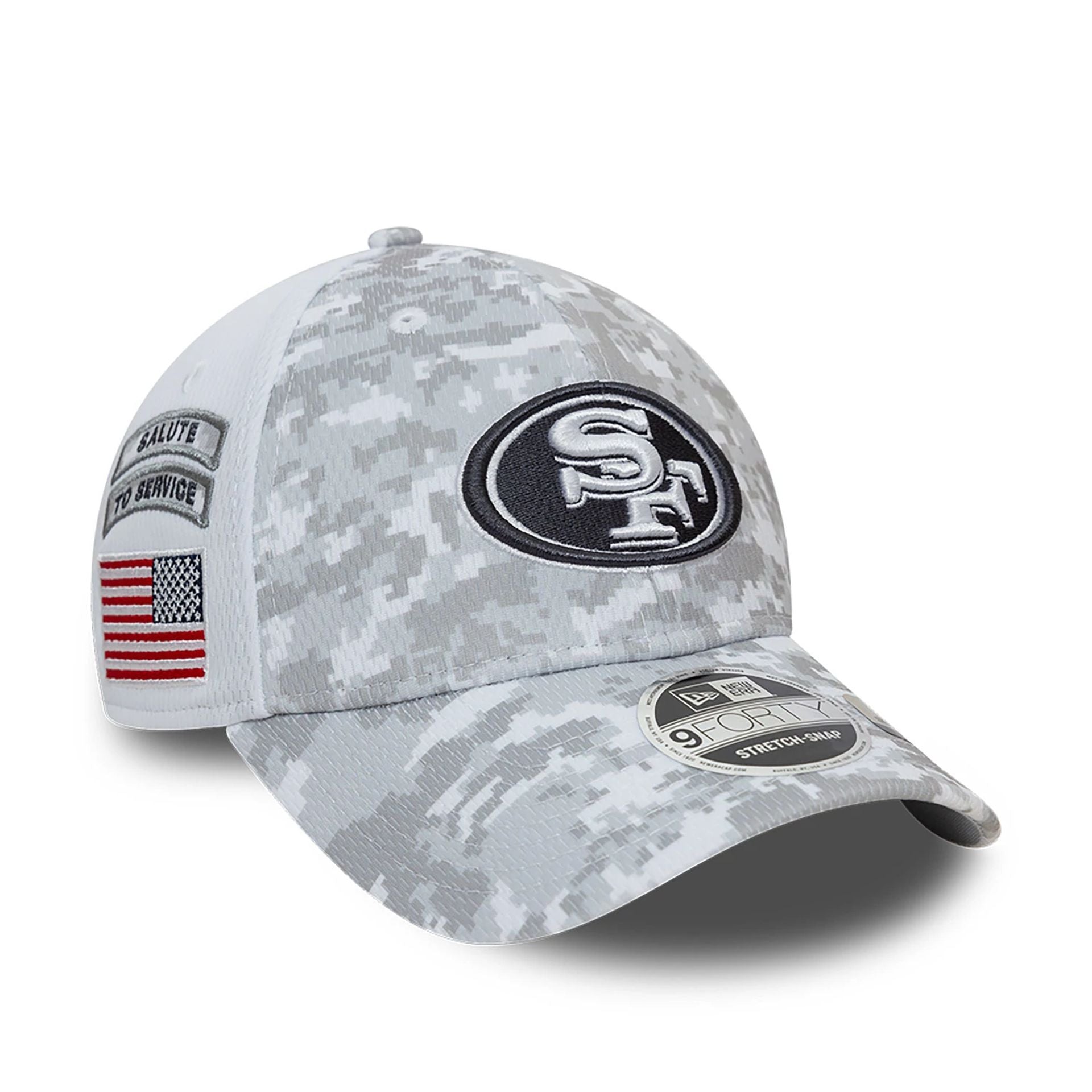 This is a San Francisco 49ers NFL Salute To Service 2024 White 9FORTY Stretch Snap Adjustable Cap 1