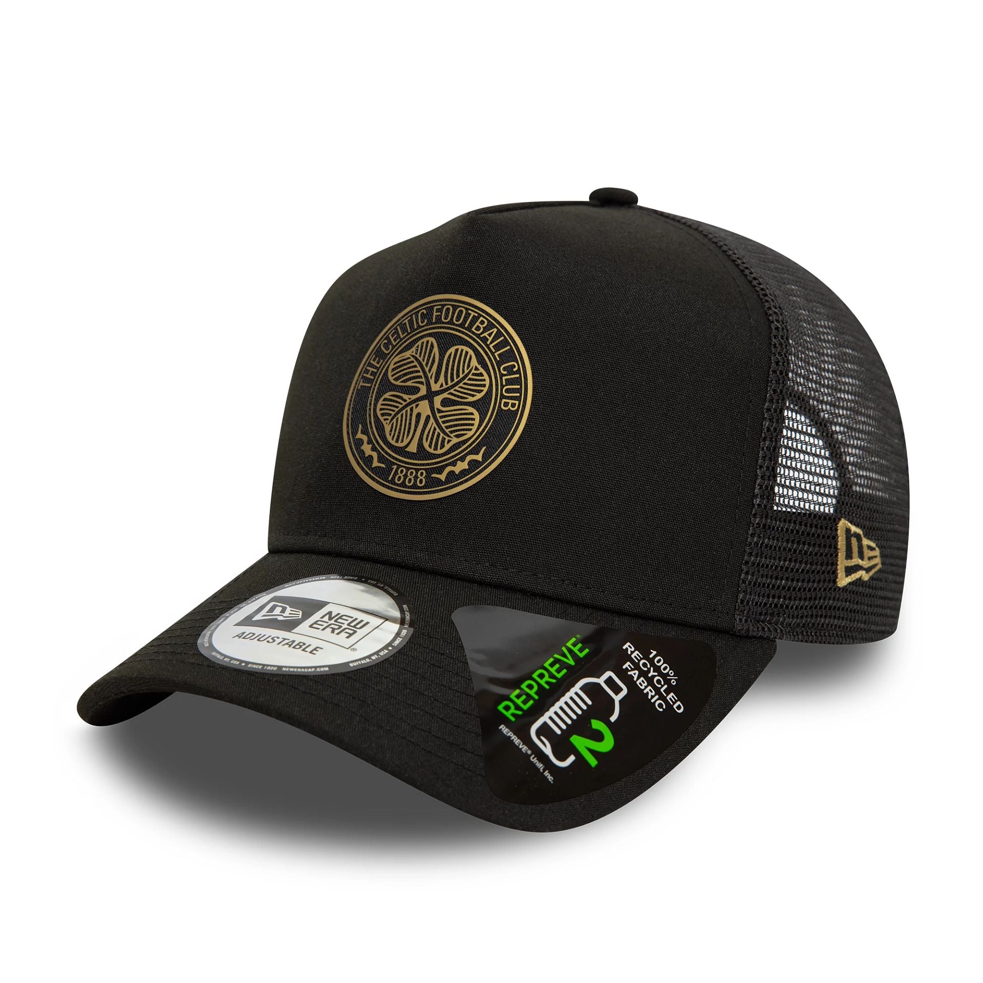 This is a Celtic FC Repreve Black 9FORTY E-Frame Adjustable Trucker Cap 1