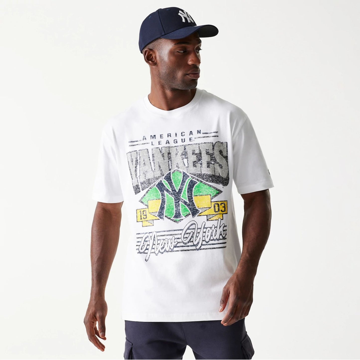 The Male model is wearing New York Yankees Sport Classic White T-Shirt 1