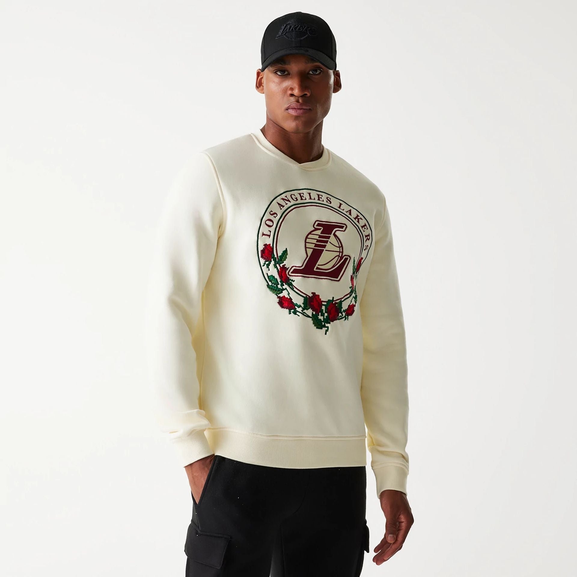 The Male model is wearing LA Lakers Red Roses White Crewneck Sweater 1