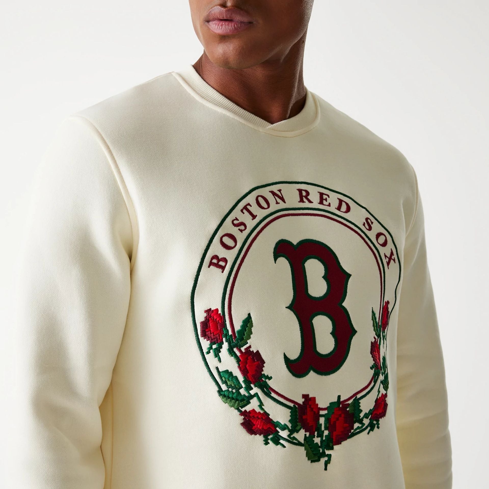 The Male model is wearing Boston Red Sox Red Roses White Crewneck Sweater 5