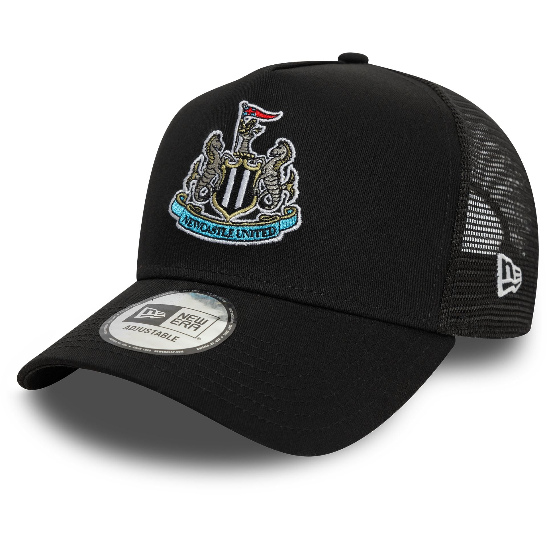 This is a Newcastle United FC Core Black 9FORTY E-Frame Trucker Adjustable Cap 1