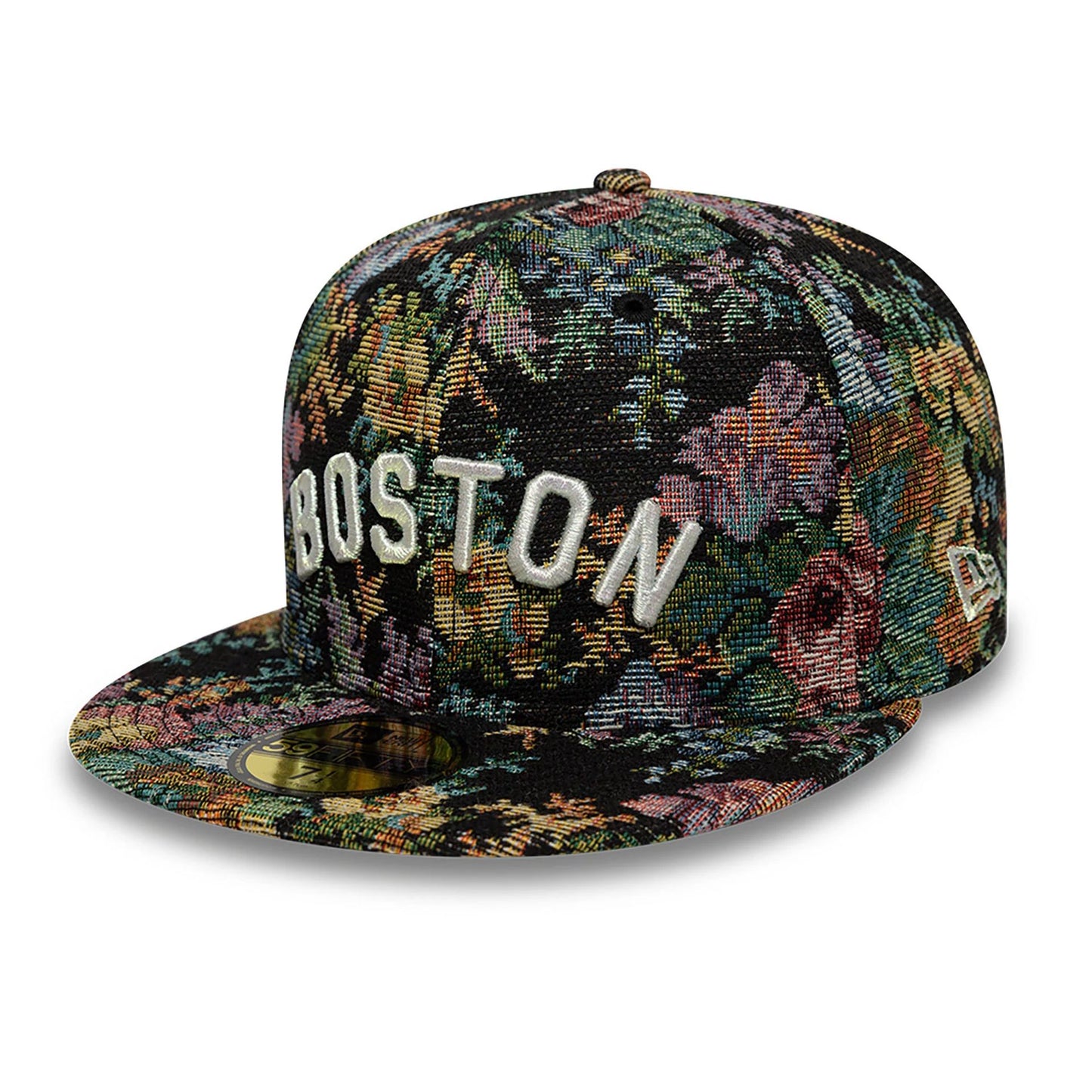 This is a Boston Red Sox Jacquard Patterns All Over Print Black 59FIFTY Fitted Cap 1