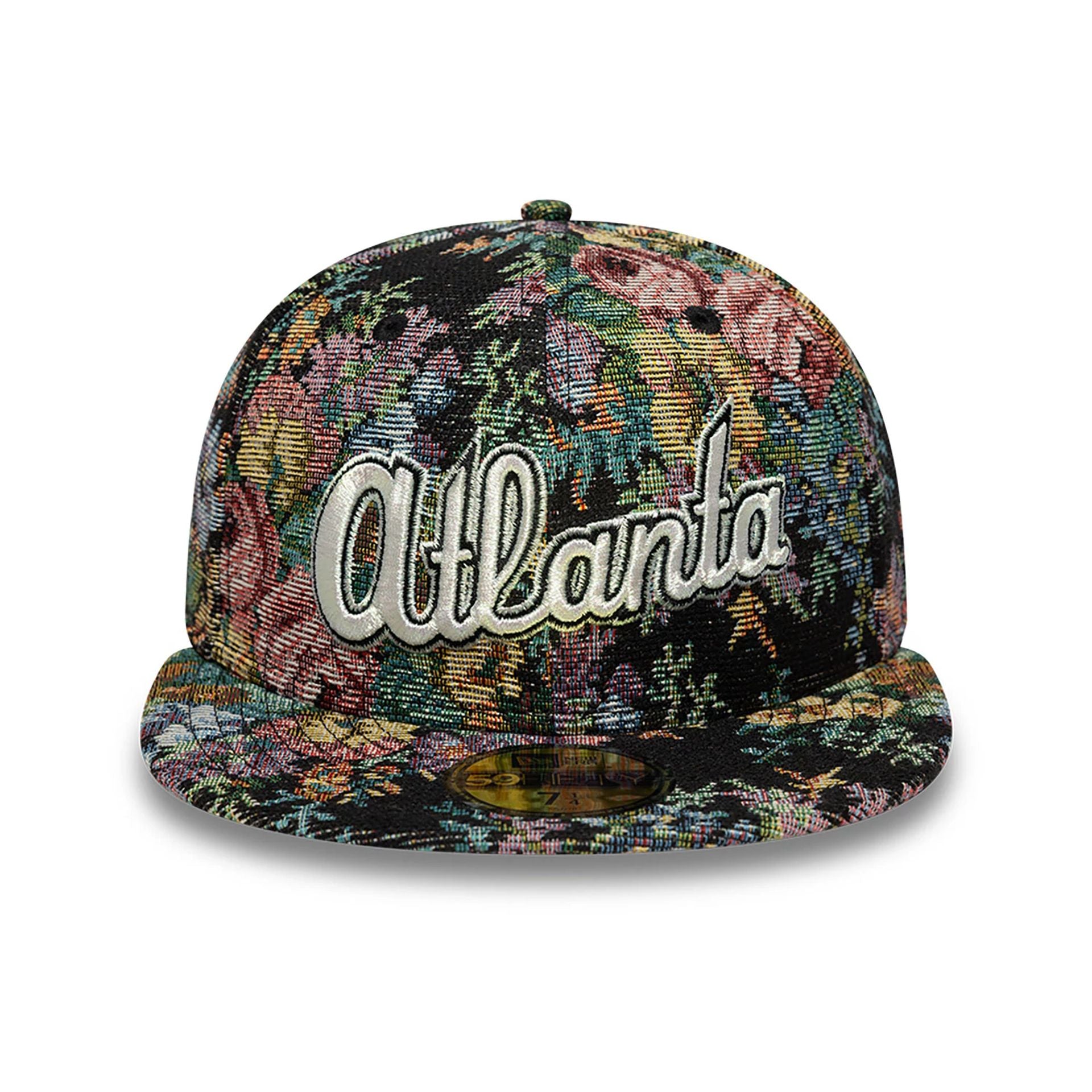 This is a Atlanta Braves Jacquard Patterns All Over Print Black 59FIFTY Fitted Cap 3