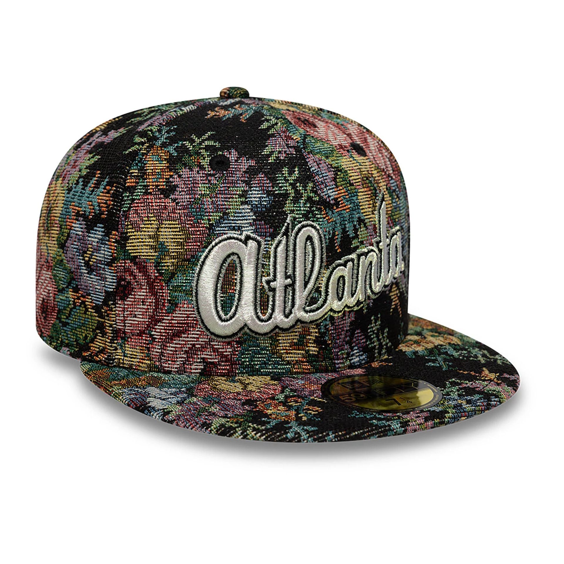 This is a Atlanta Braves Jacquard Patterns All Over Print Black 59FIFTY Fitted Cap 4