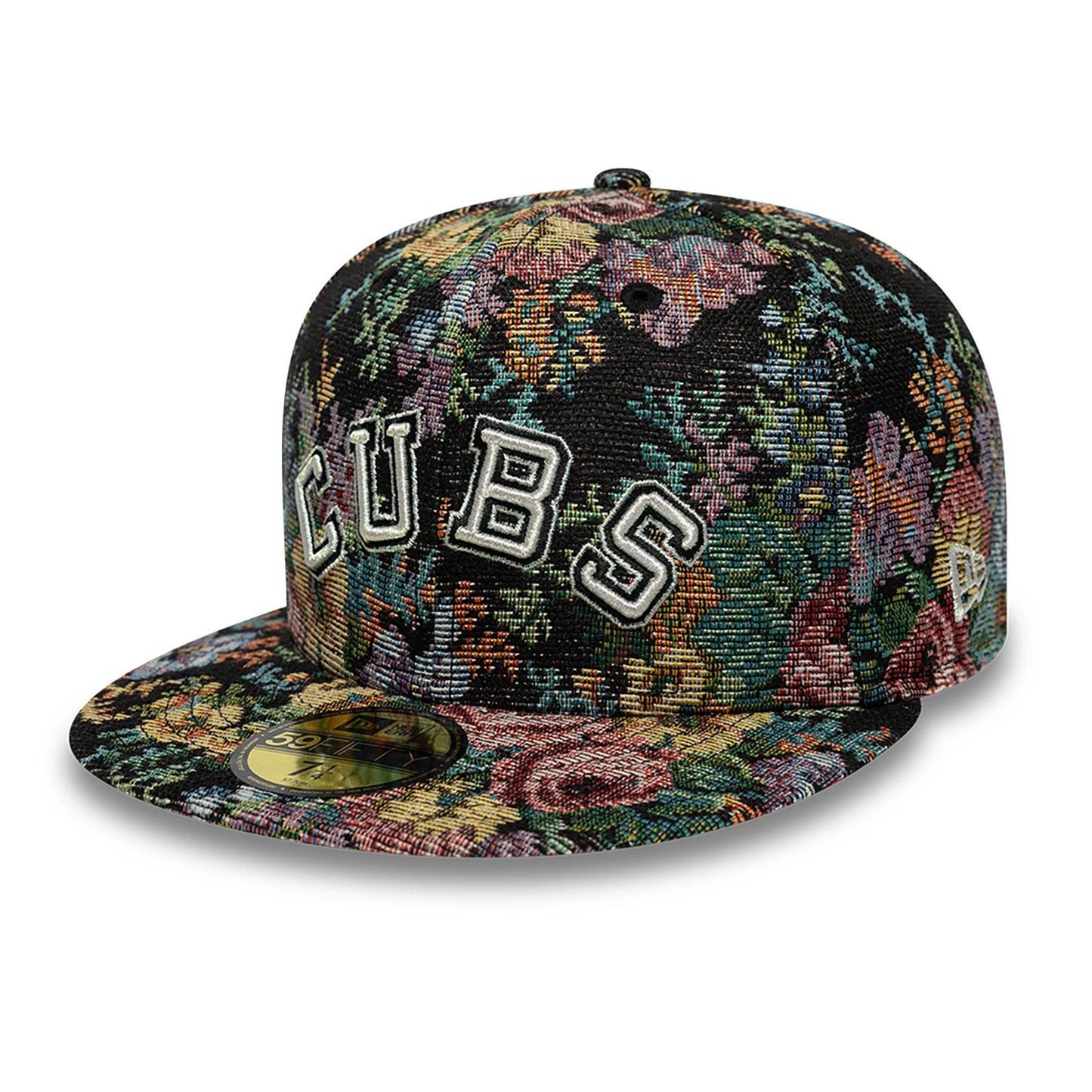 This is a Chicago Cubs Jacquard Patterns All Over Print Black 59FIFTY Fitted Cap 1