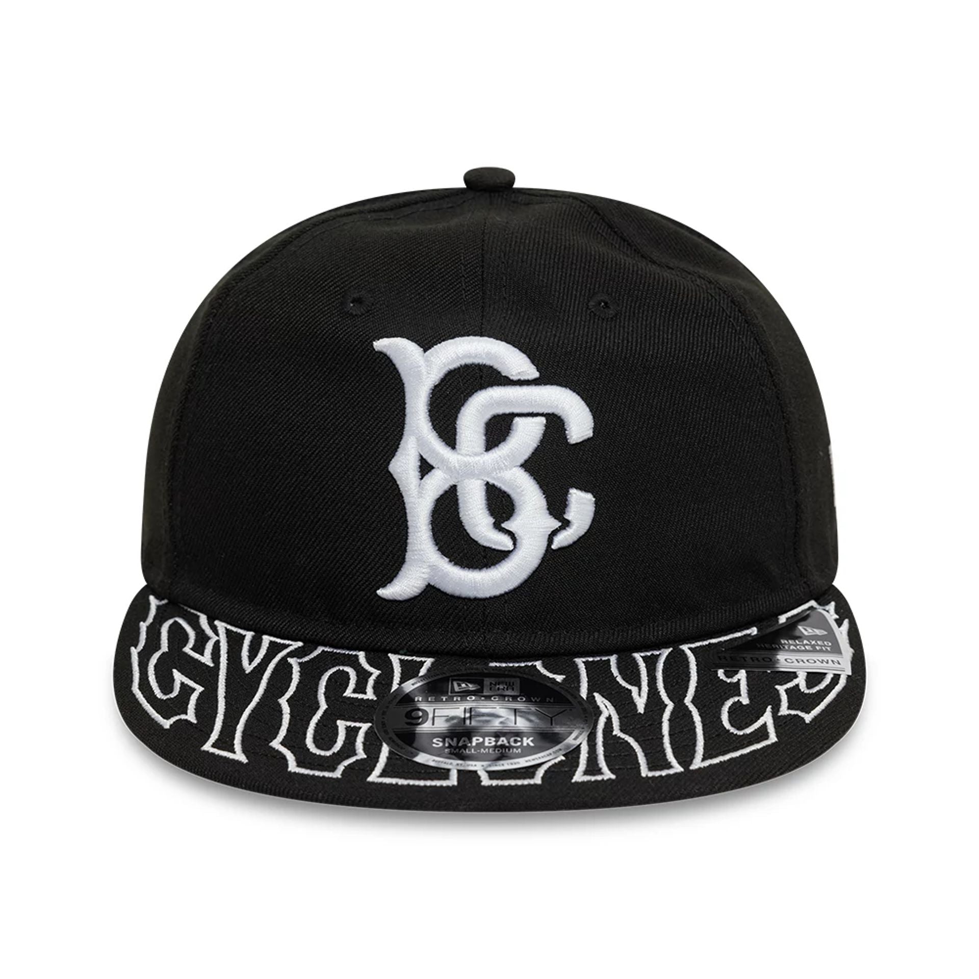 This is a Brooklyn Cyclones MiLB Visor Script Black Retro Crown 9FIFTY Strapback Cap 7