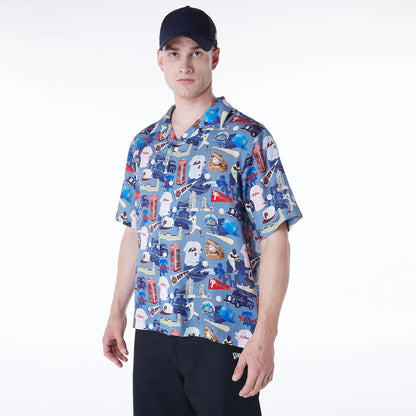 The Male model is wearing MLB Multi Team MLB London Games 2024 Revere Navy Short Sleeve Shirt 7