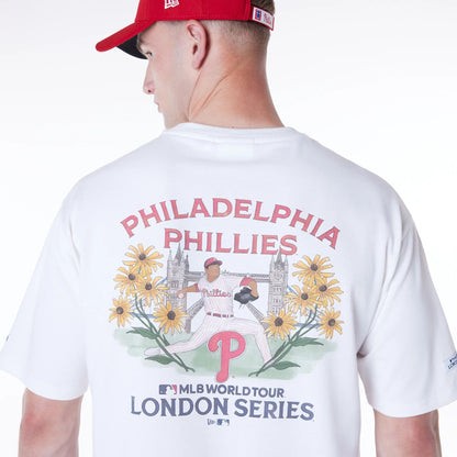 The Male model is wearing Philadelphia Phillies MLB London Games 2024 White Oversized T-Shirt 3