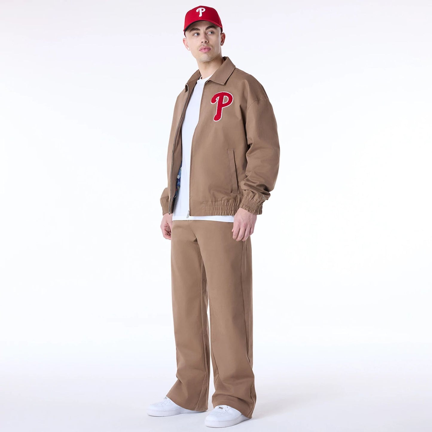 The Male model is wearing Philadelphia Phillies MLB London Games 2024 Beige Chino Trousers 1