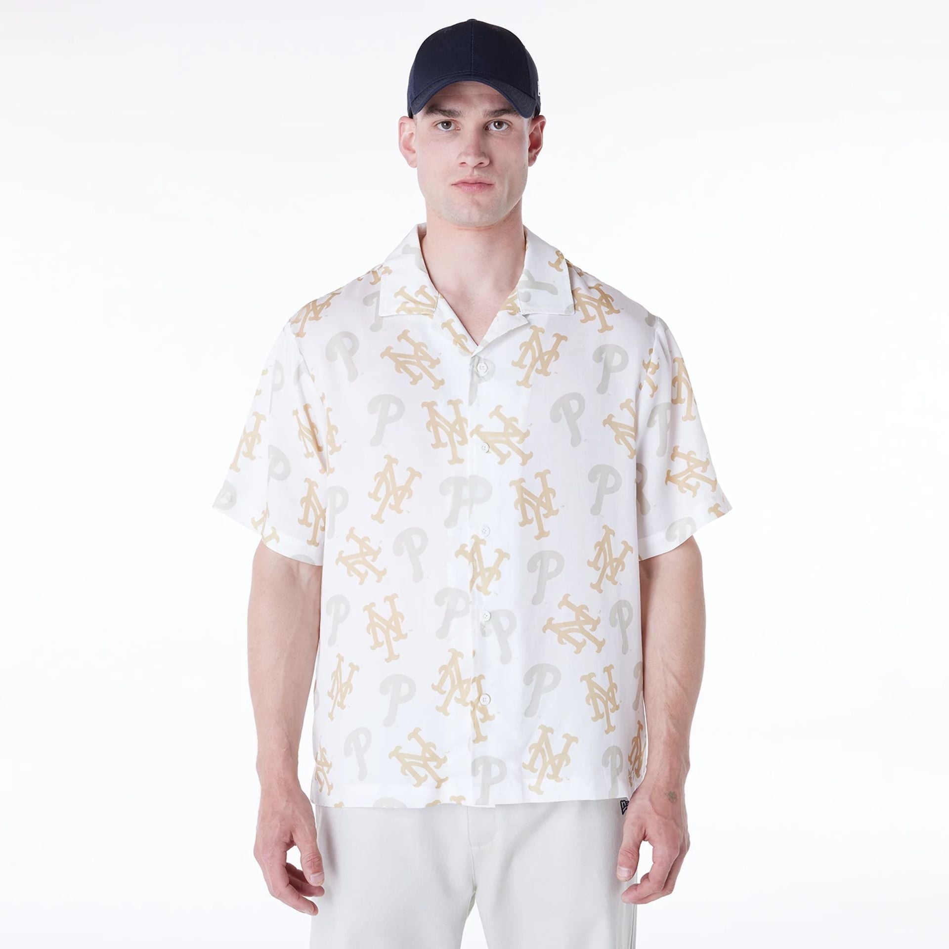 The Male model is wearing MLB Multi Team MLB London Games 2024 Revere White Short Sleeve Shirt 1