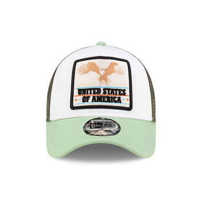 This is a New Era Eagle Patch White 9FORTY A-Frame Trucker Adjustable Cap 2