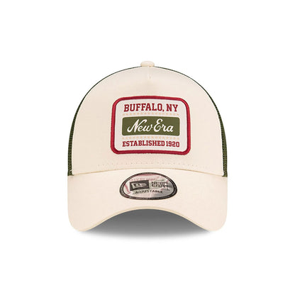 This is a New Era Script Patch Light Beige 9FORTY A-Frame Trucker Adjustable Cap 2