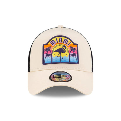 This is a New Era Miami Patch Light Beige 9FORTY A-Frame Trucker Adjustable Cap 2