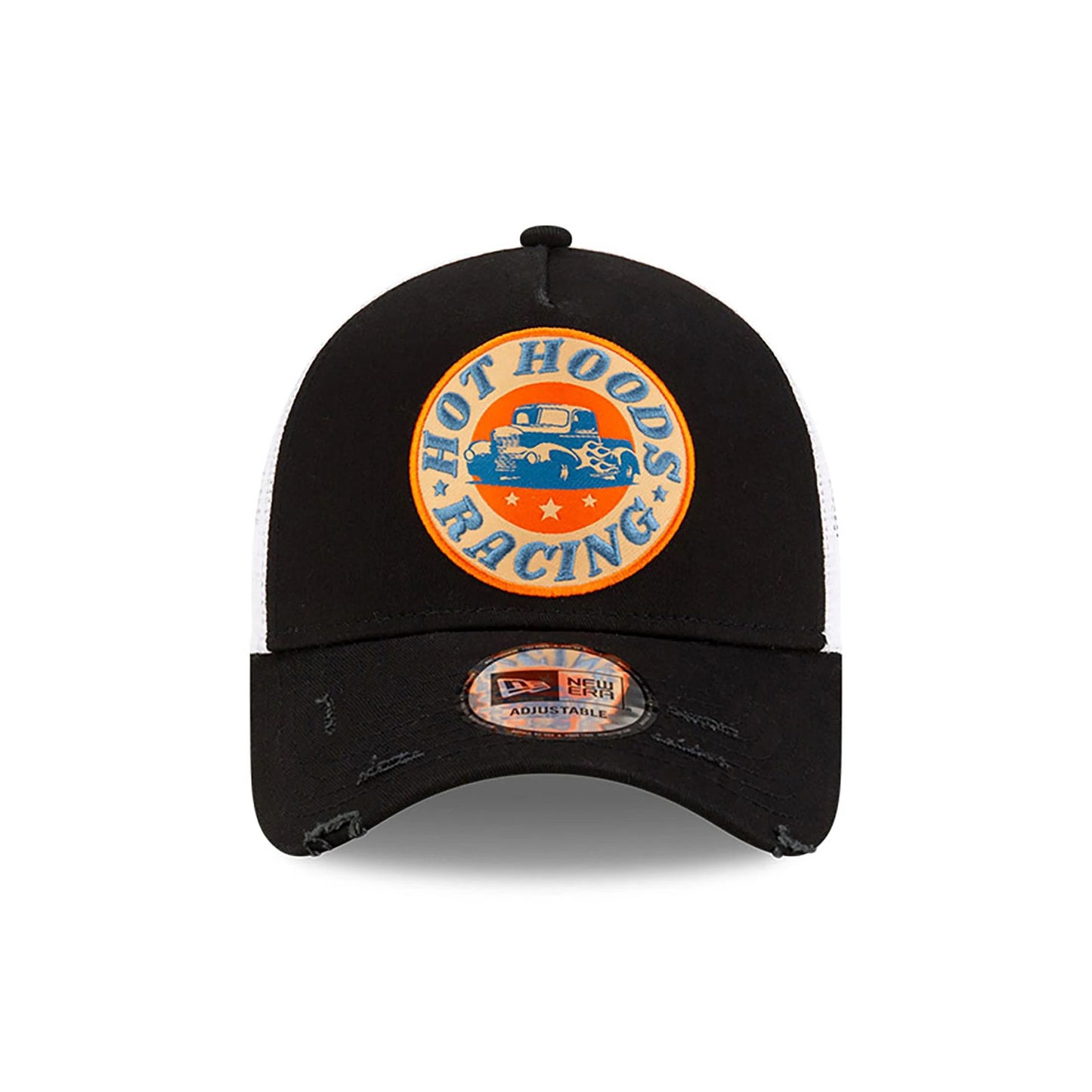 This is a New Era Hot Hoods Patch Black 9FORTY A-Frame Trucker Adjustable Cap 2