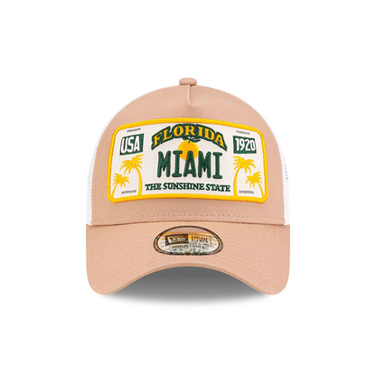 This is a New Era Miami License Plate Beige 9FORTY A-Frame Trucker Adjustable Cap 2