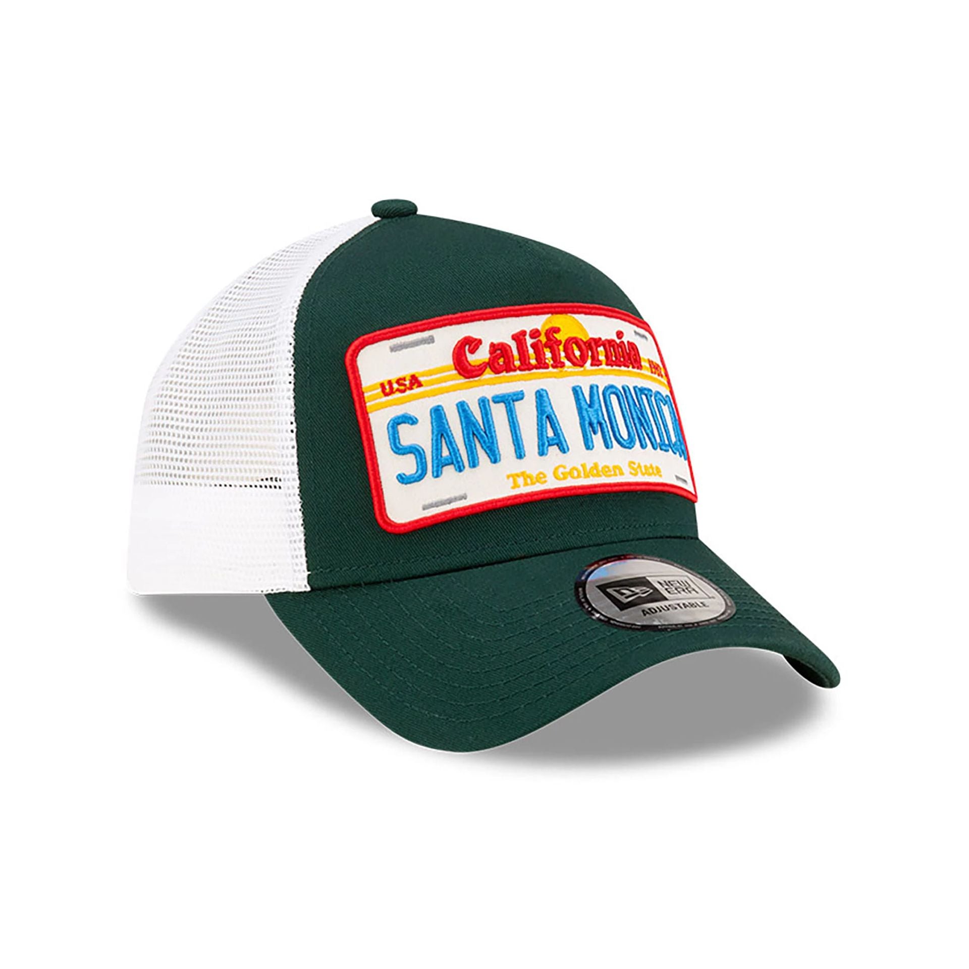 This is a New Era Santa Monica License Plate Dark Green 9FORTY A-Frame Trucker Adjustable Cap 3