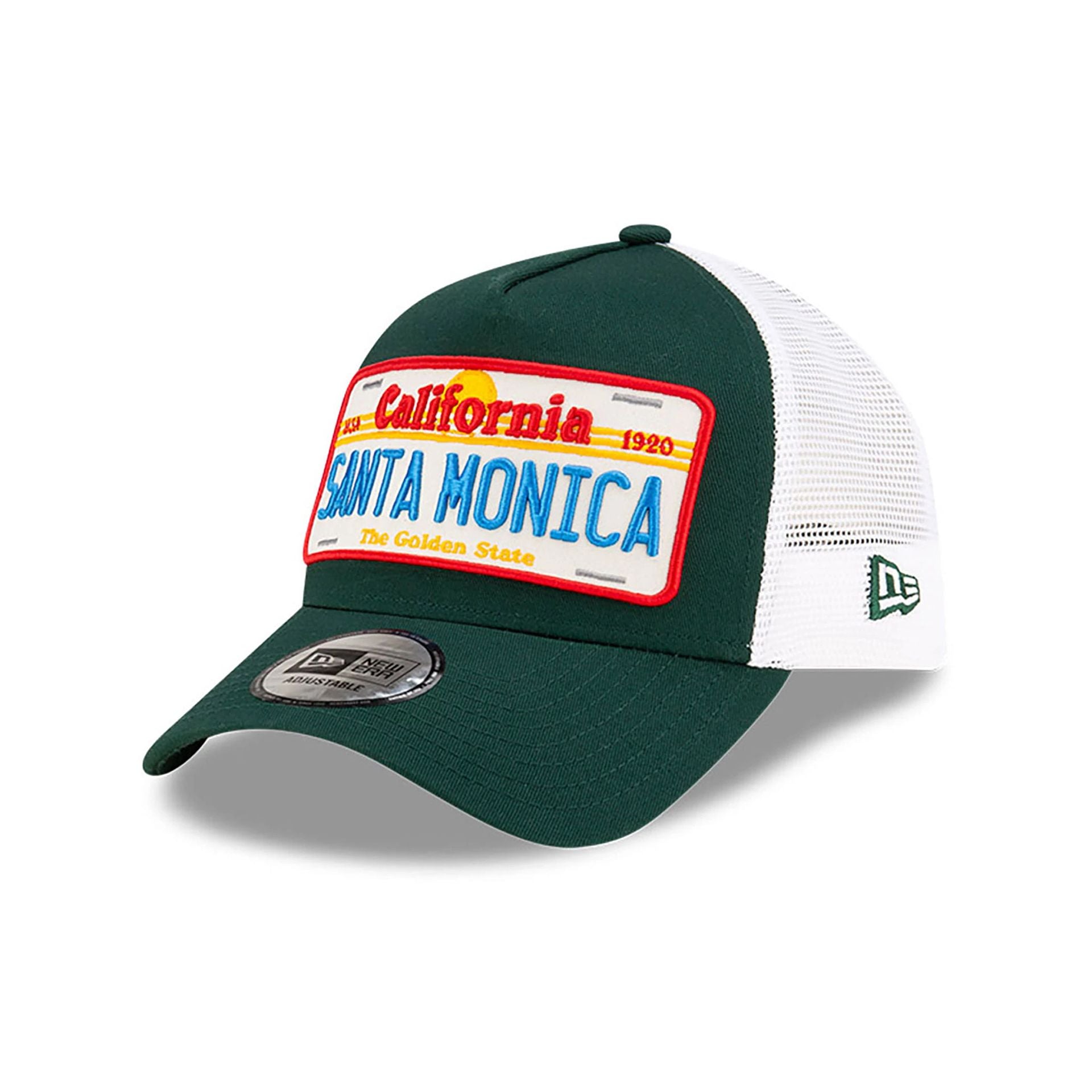 This is a New Era Santa Monica License Plate Dark Green 9FORTY A-Frame Trucker Adjustable Cap 1